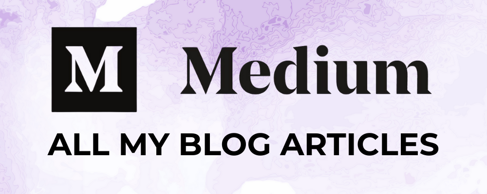 A graphic with a purple background and a topographical map pattern. It features a black square with a white letter 'M' inside, followed by the word 'Medium' in bold black letters. Below, it says 'ALL MY BLOG ARTICLES' in bold capital letters.