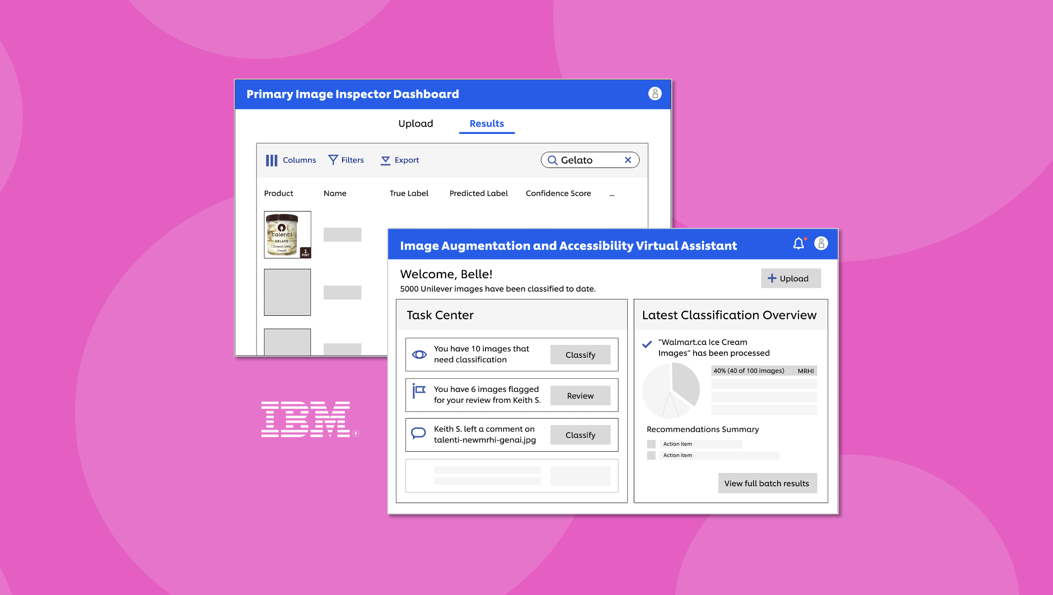 Screenshots of AI-powered image classification and management software, displaying search results for gelato products and classification results for Walmart ice cream images, with data analytics and review options in a user interface.