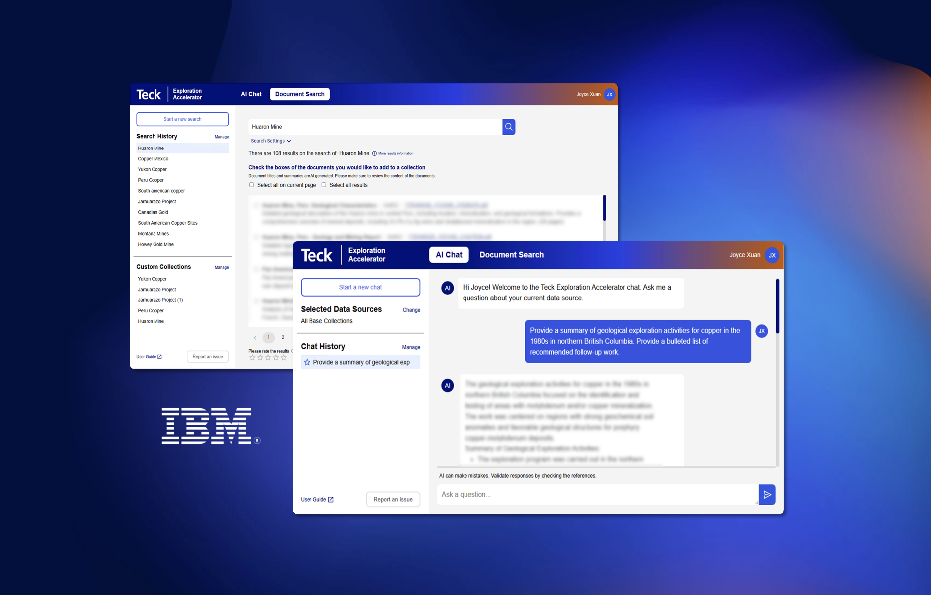 Screenshot of a digital interface showing a research platform with a search for 'Huarmon Mine,' displaying search results and a chat window with a user requesting a summary of geological exploration activities for copper in British Columbia.