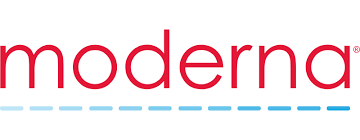 Modern logo with the word "moderna" in red lowercase letters above a light blue dashed line.