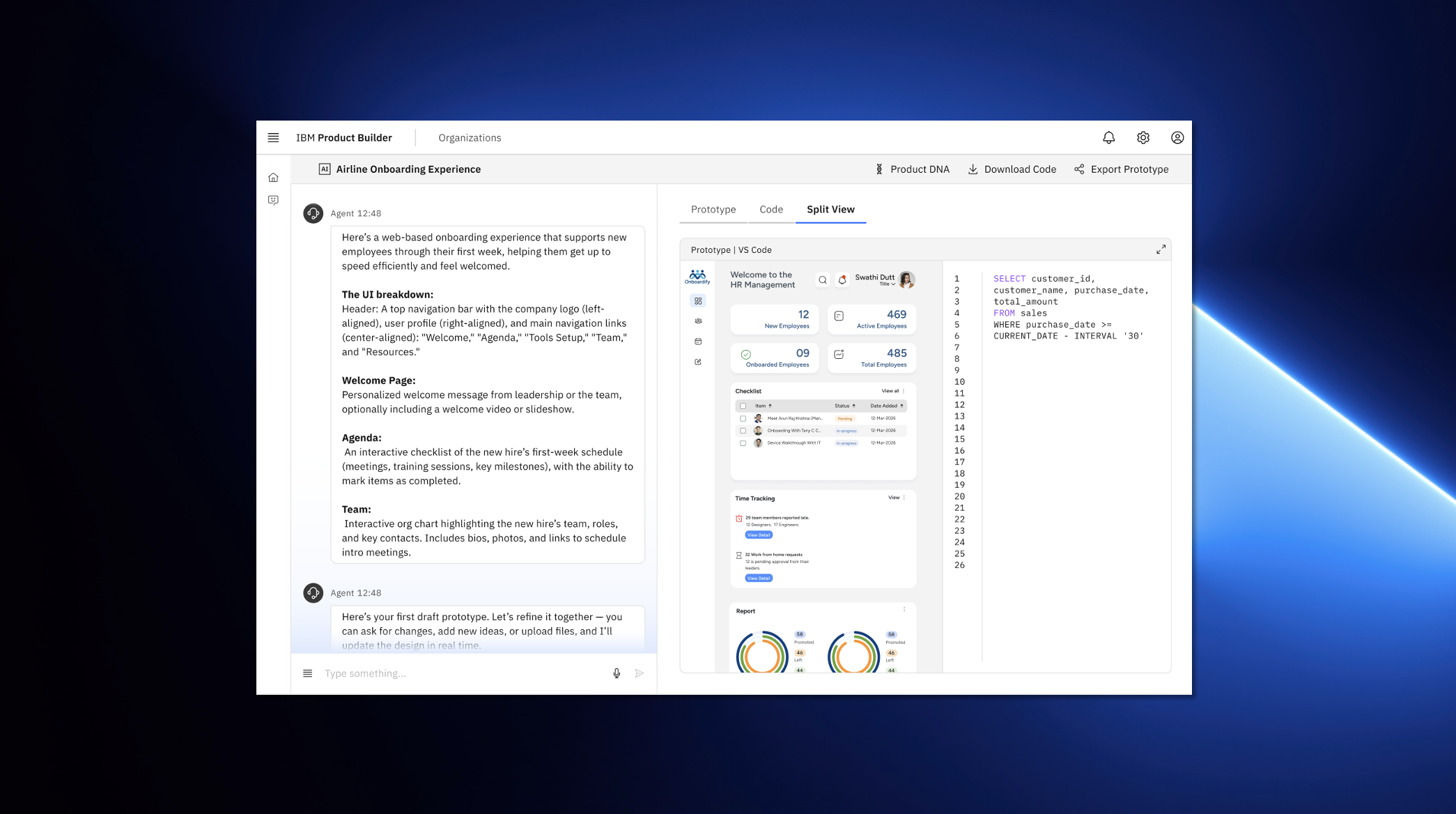A computer screen displaying the IBM Product Builder interface for airline onboarding experience, with sections for UI breakdown, welcome page, agenda, team, and code for a web-based onboarding process.