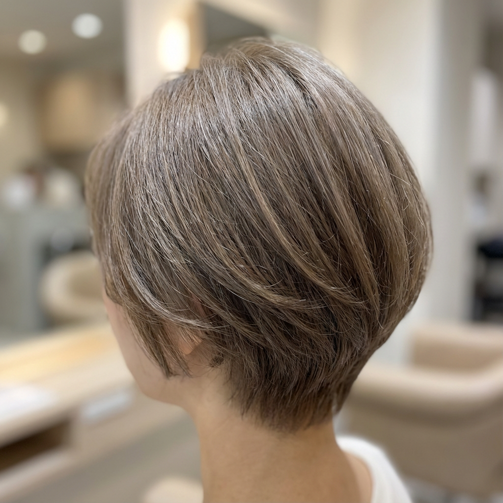 Close-up of a woman with short, layered brown hair in a salon or barbershop, with blurred background.