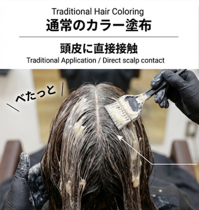 A person applying hair dye directly to a person's scalp with a brush, in a hair salon setting.