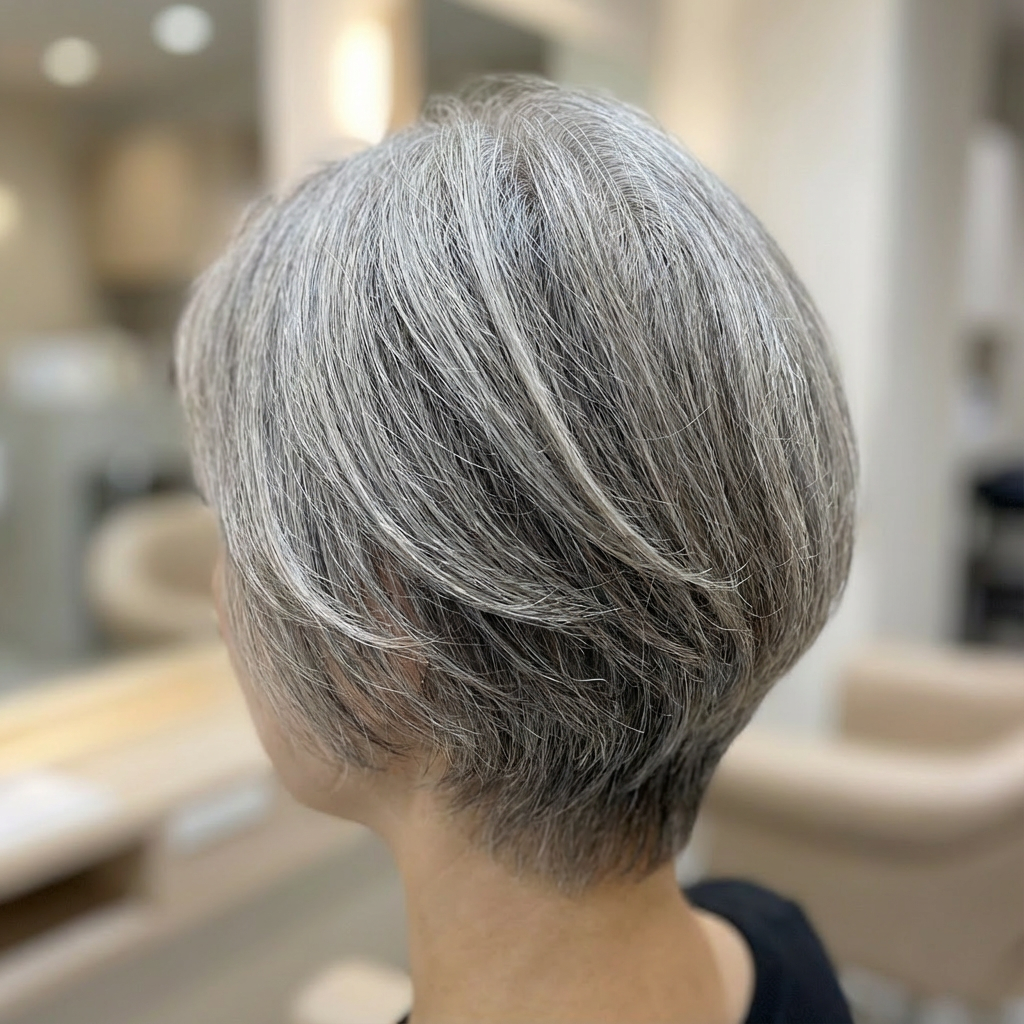 Back view of a woman with short, gray hair styled in a layered bob.