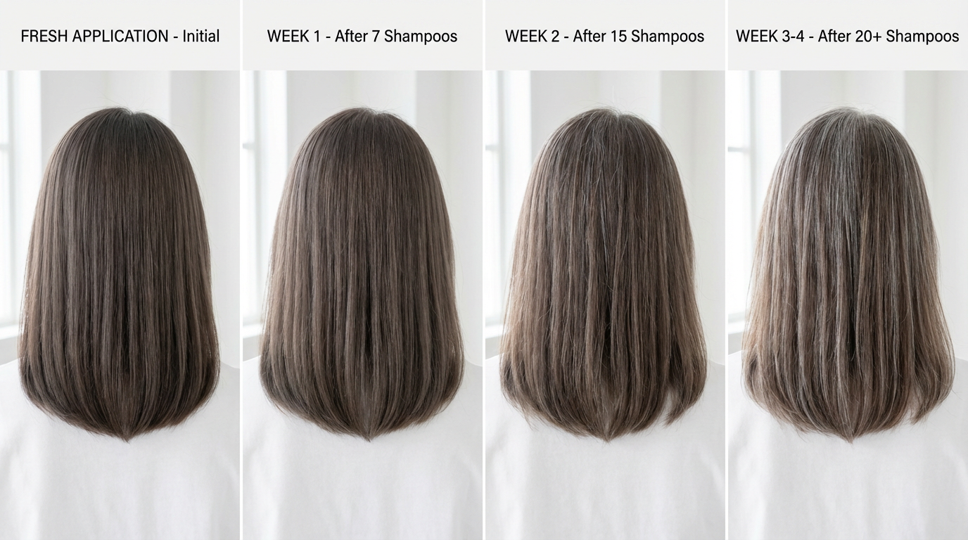 Progression of a woman's hair from initial to after 20+ shampoos, showing hair improvements over 4 weeks.