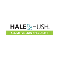 HALF & HUSH Sensitive Skin Specialist logo with black, green, and blue text and design elements