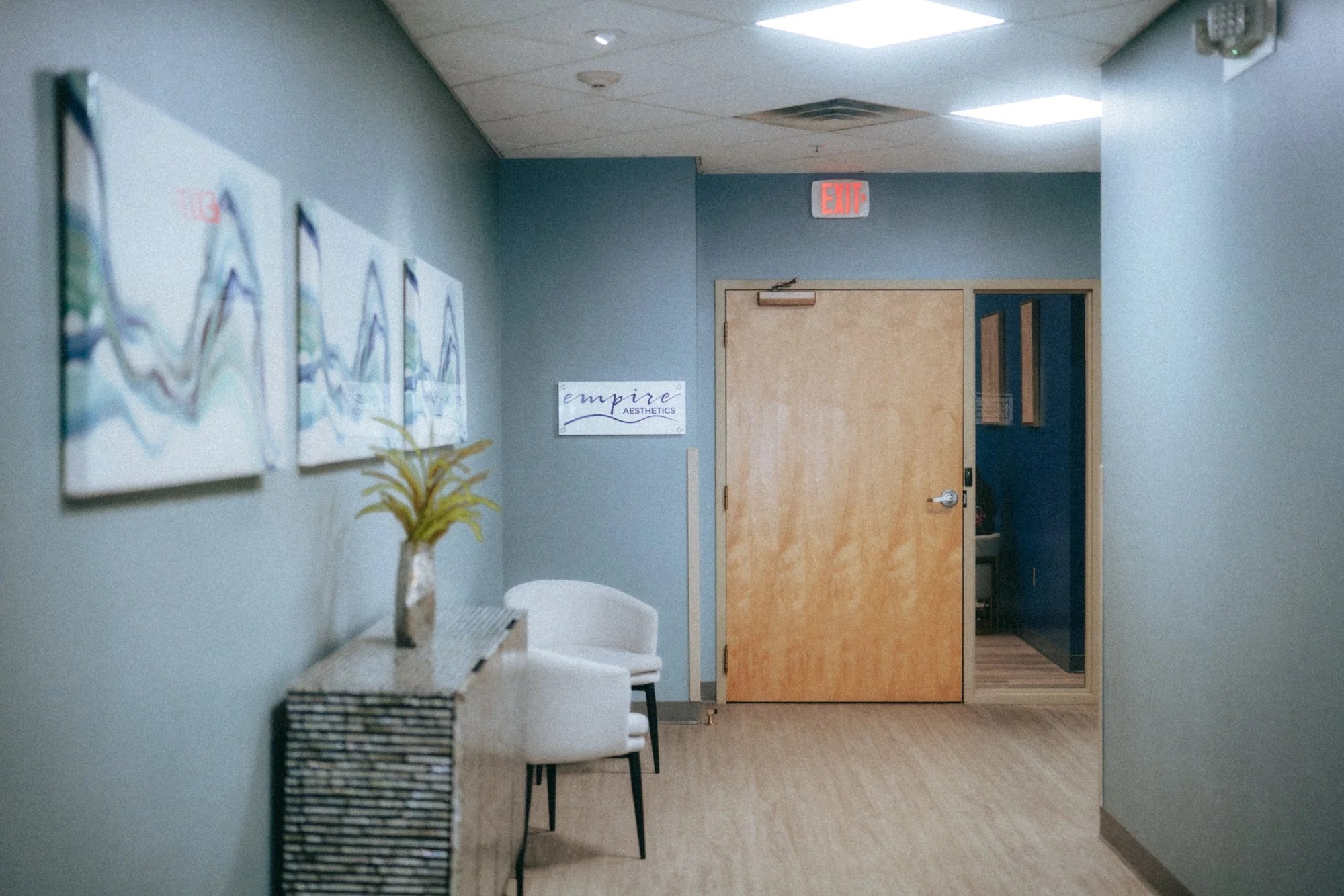 A waiting area at Empire Aesthetics with light blue walls, three abstract paintings on the left, a small table with a plant, a white chair, and a wooden door with an exit sign above.