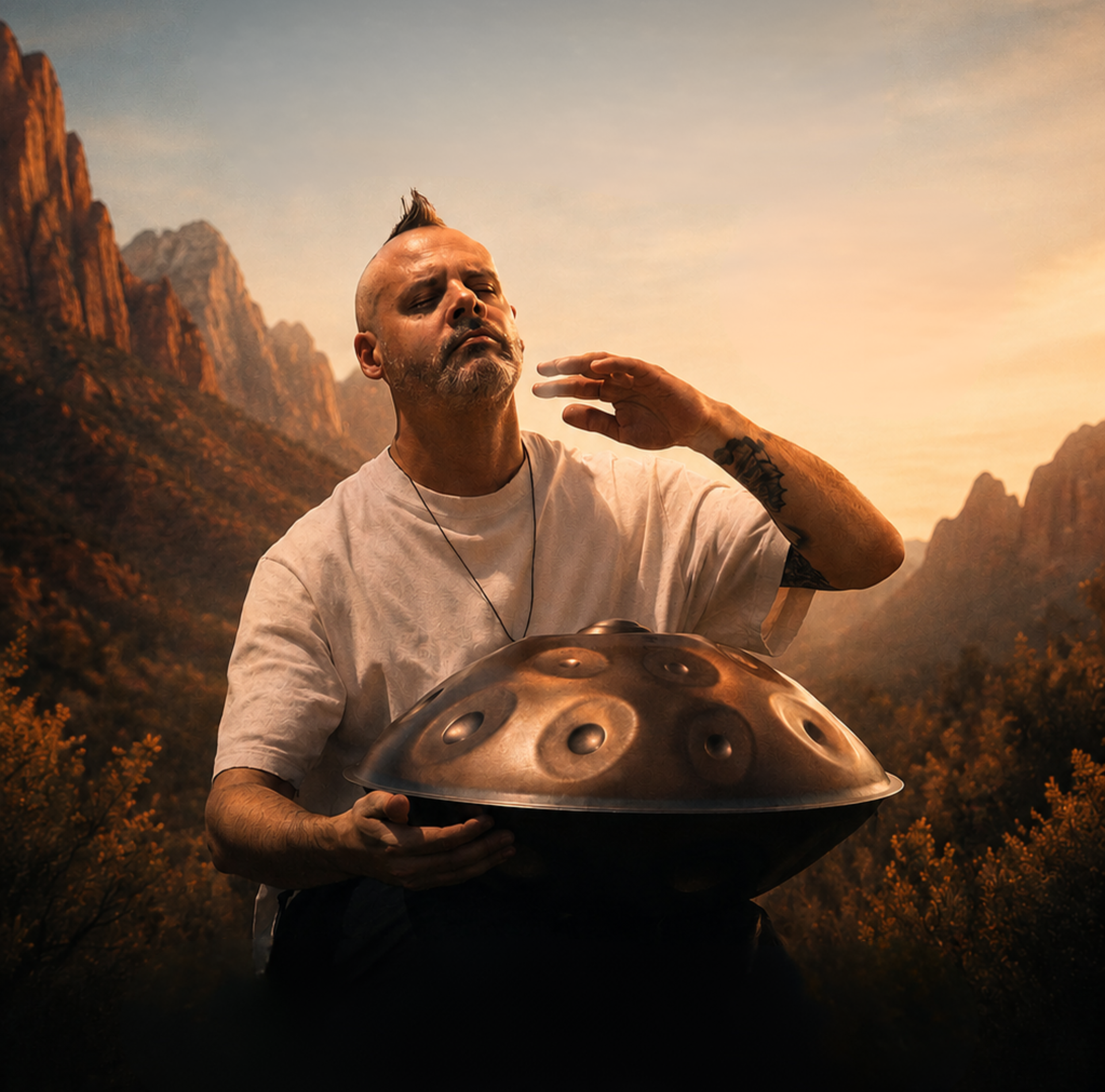Handpan artist seated against a dramatic desert canyon backdrop at sunset, eyes closed with one hand raised over a bronze handpan.