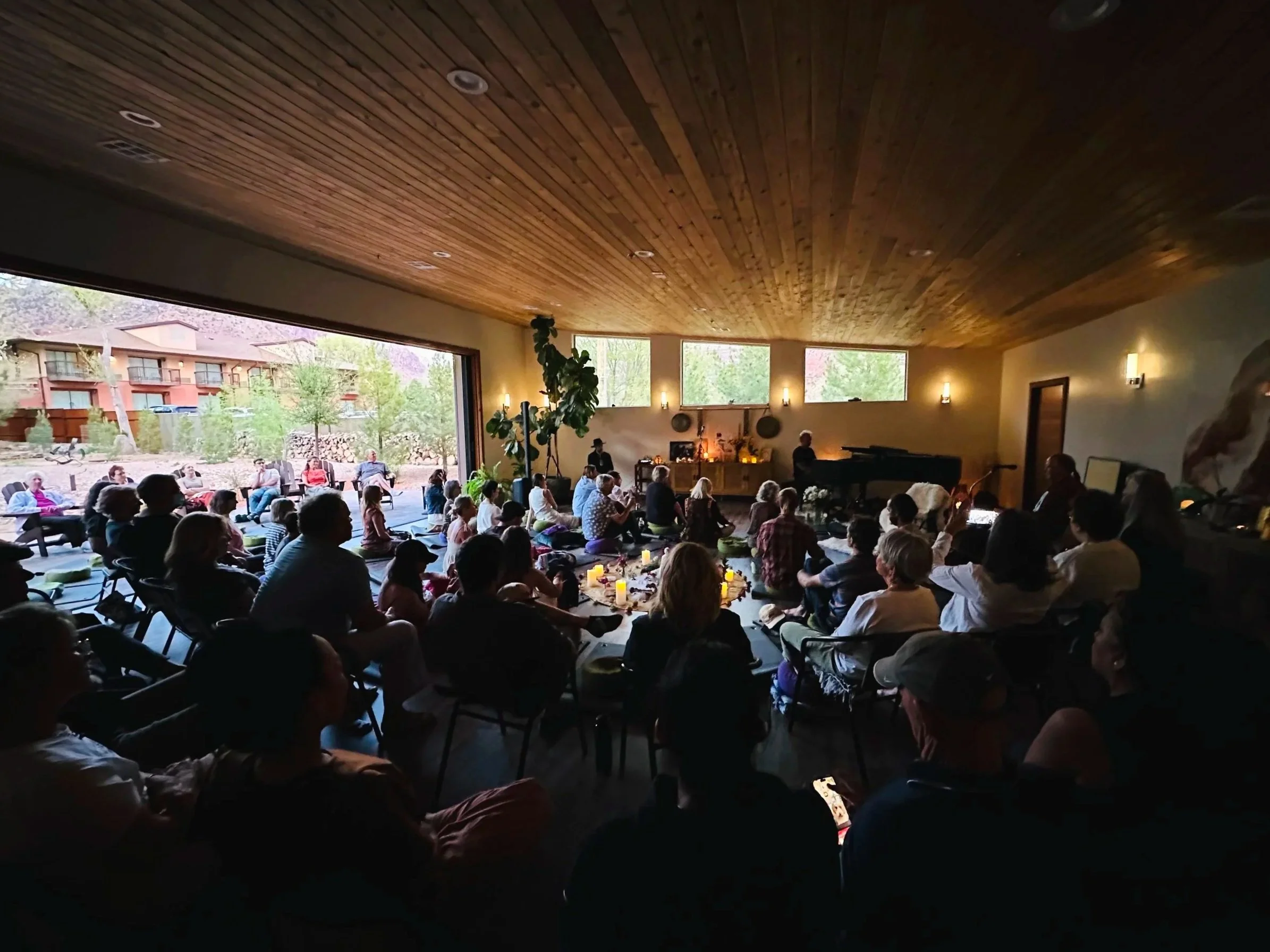 Peter Kater performing live piano music during an intimate concert at Nama-Stay near Zion National Park