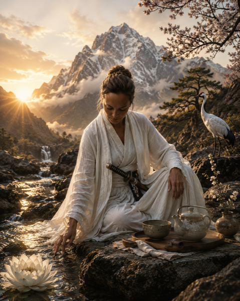 A woman in flowing white robes kneels beside a mountain stream at sunrise, surrounded by a tea set, white lotus, crane, and towering snowcapped peaks.