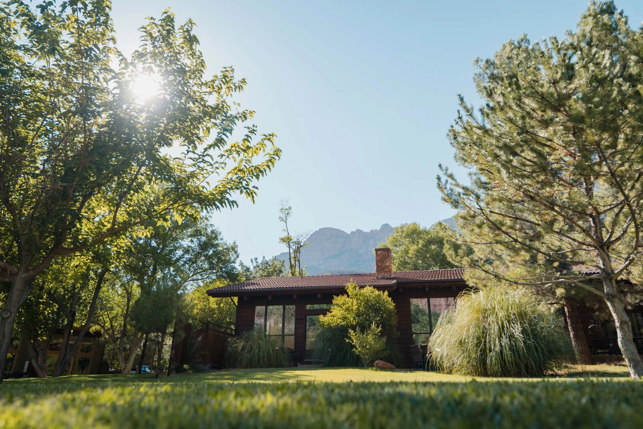 View of a wooden house with large windows, surrounded by greenery, trees, and shrubs, under a clear blue sky with the sun shining brightly. Zion National Park accommodation.