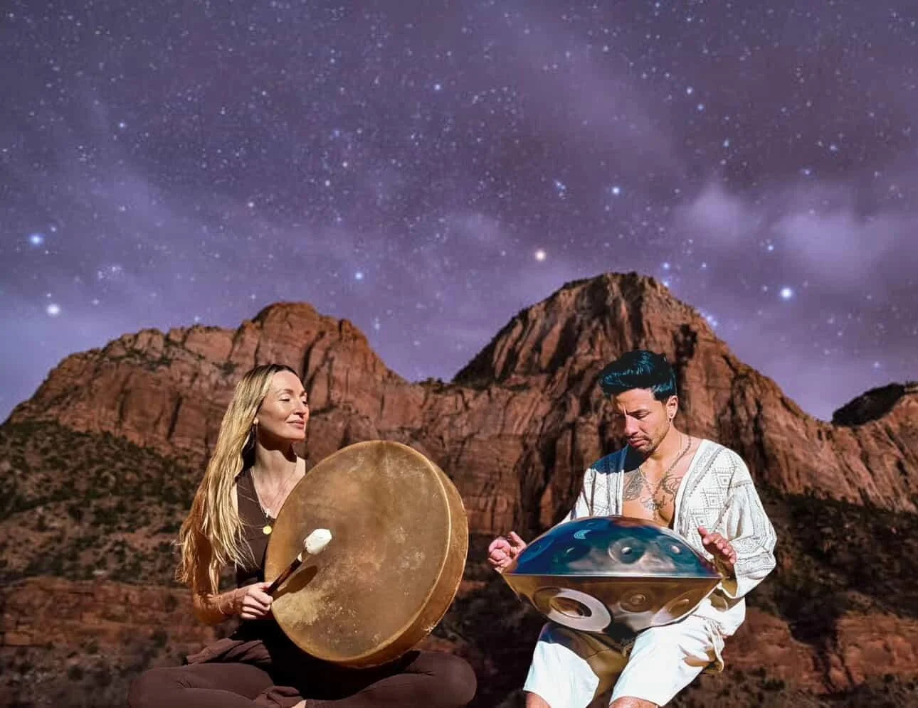 Two people sitting outdoors at night with a starry sky and rocky mountains in the background, one playing a hand-held drum and the other playing a steel tongue drum.