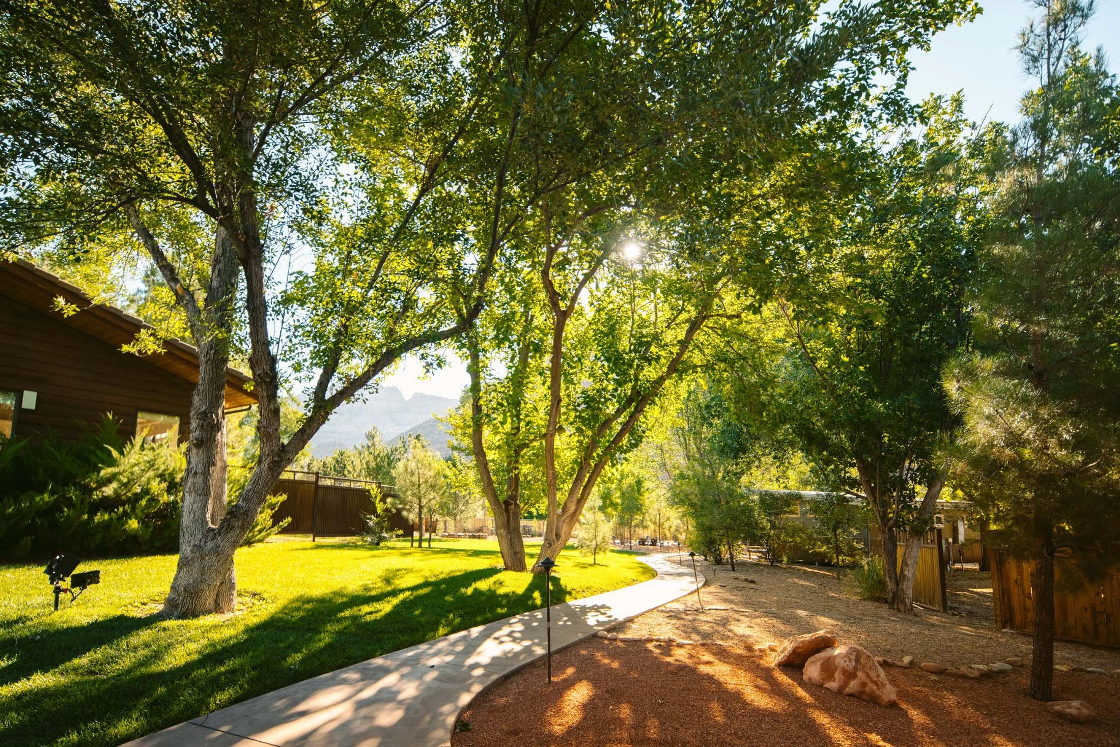 A sunny park with a winding concrete path, green grass, and several trees, some casting shadows on the path, with a wooden house on the left and distant mountains in the background.