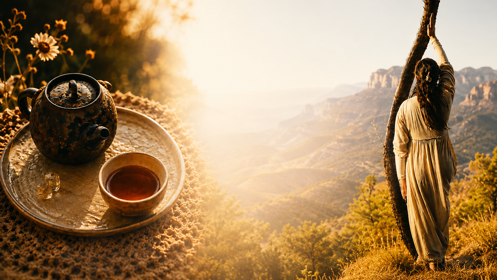 Tea set with teapot and cup on a tray, with a woman standing by a tree overlooking mountains during golden hour.