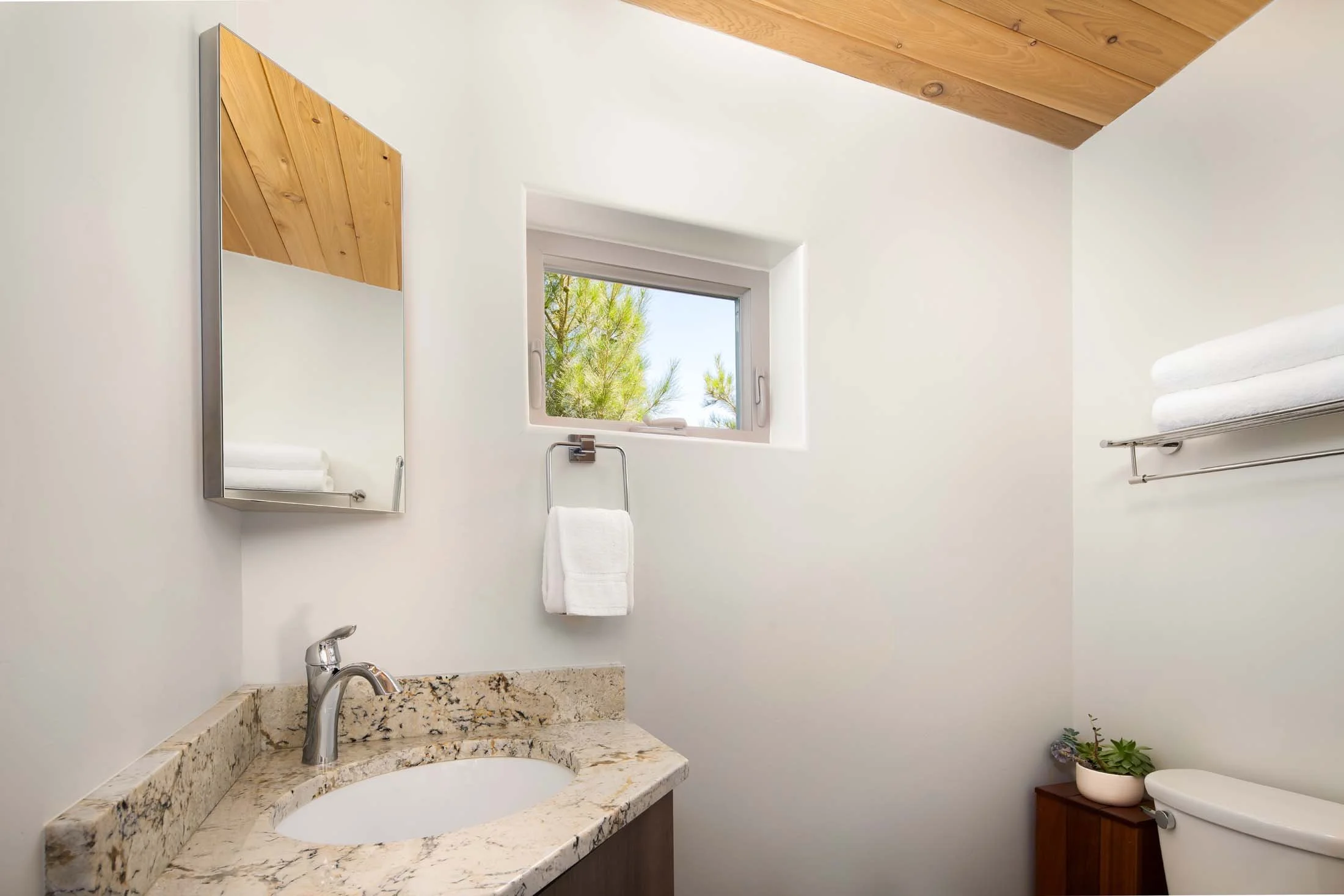 Bathroom with a small window, a granite countertop with a sink, a mirror, a mounted towel ring with a white towel, a towel rack with white towels, and a small wooden cabinet with a plant on top.