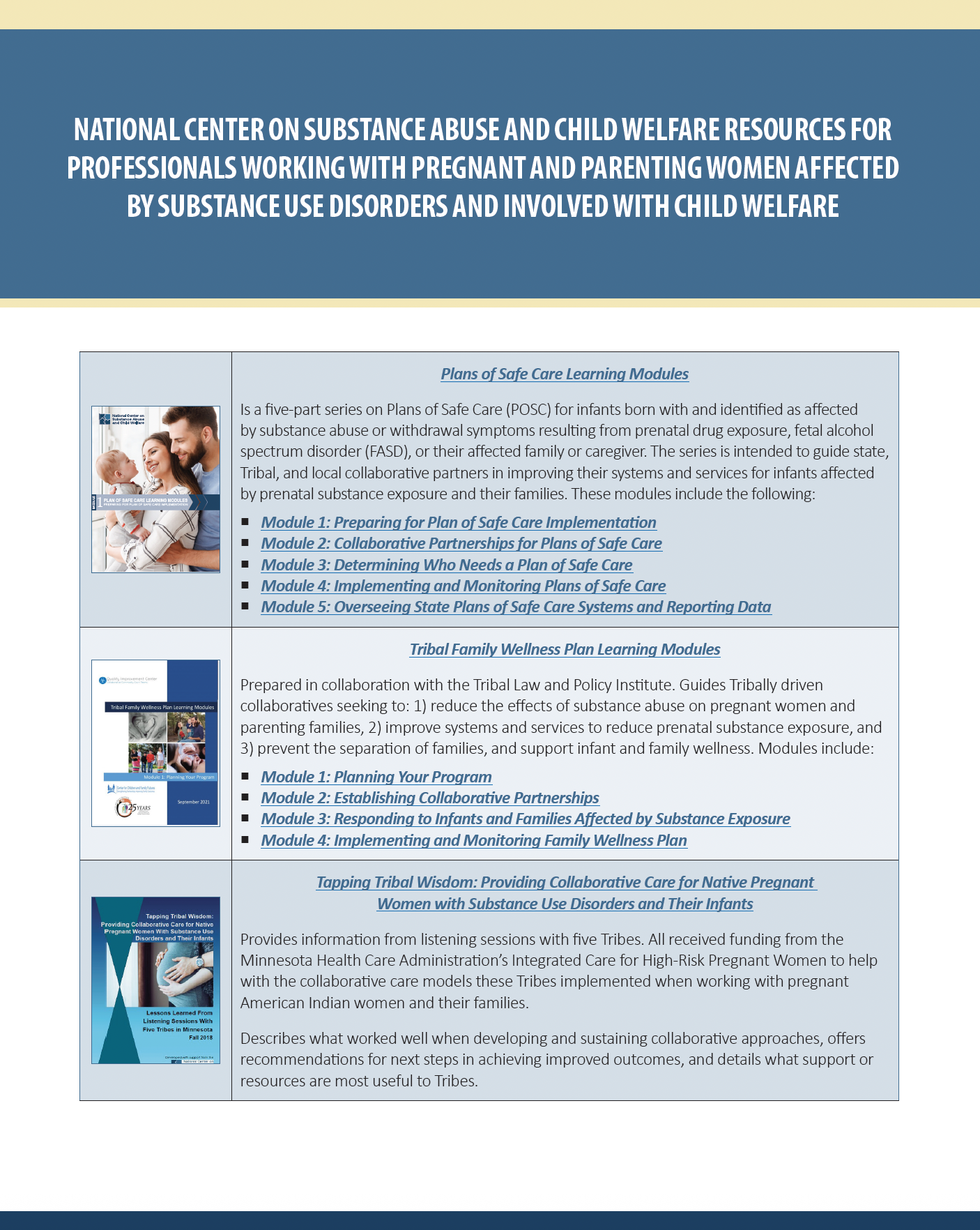 DOCUMENT: National Center on Substance Abuse and Child Welfare Resources for Professionals Working with Pregnant and Parenting Women Affected by Substance Use Disorders and Involved with Child Welfare
