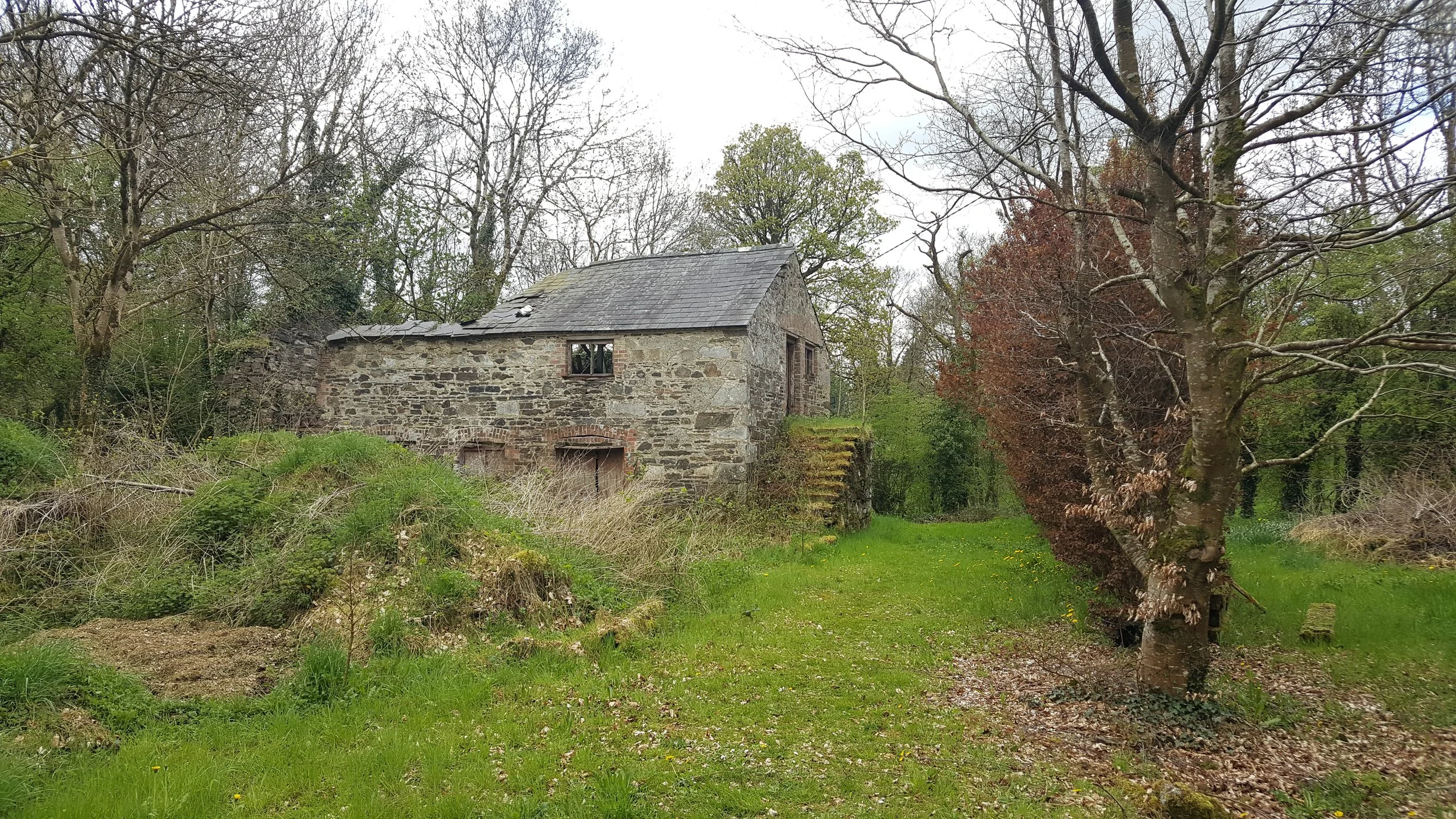 A stone cottage with a slate roof, surrounded by trees and green grass in a rural setting.