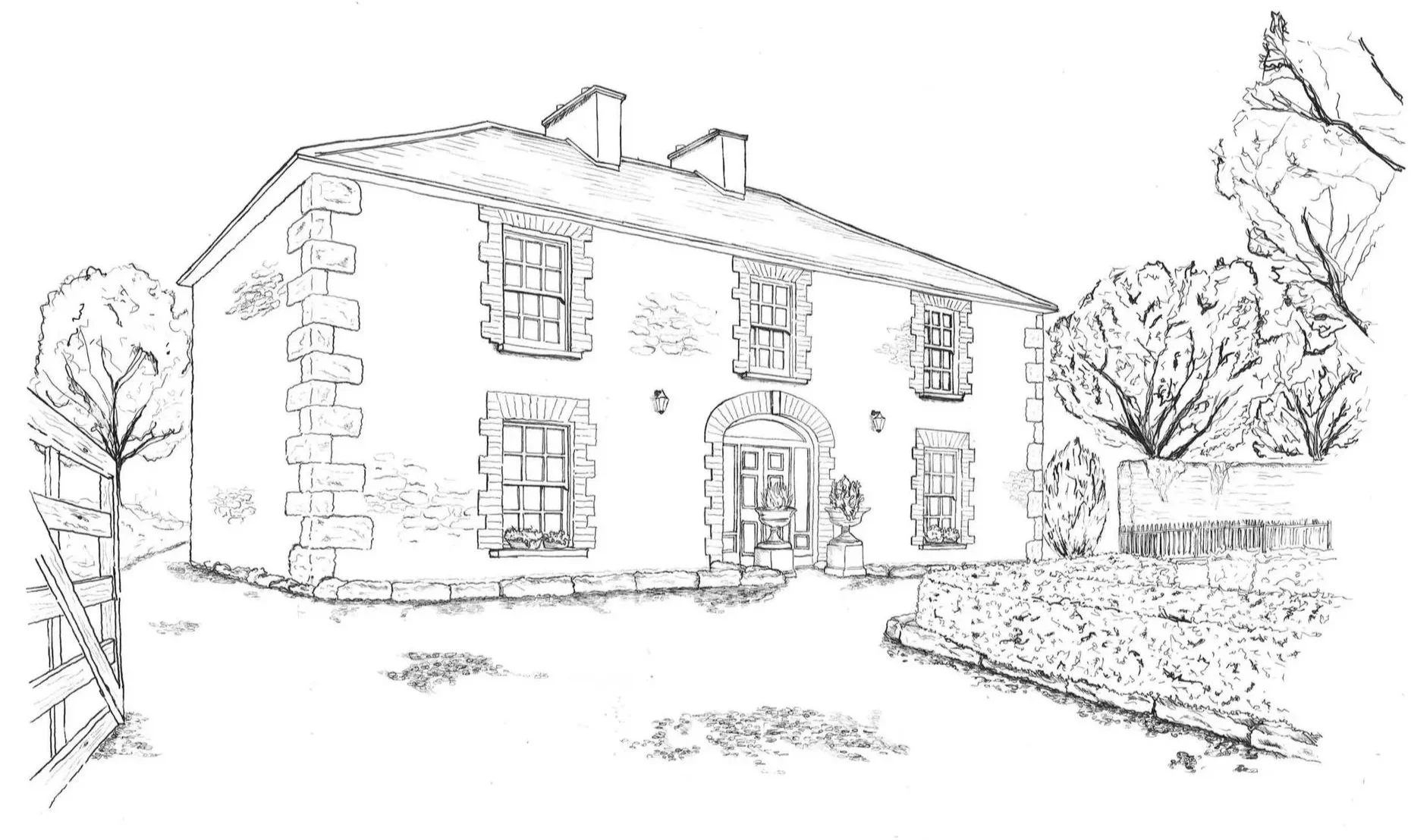 Line drawing of a two-story house with stone accents around windows and door, surrounded by trees and bushes, and fencing on the sides.