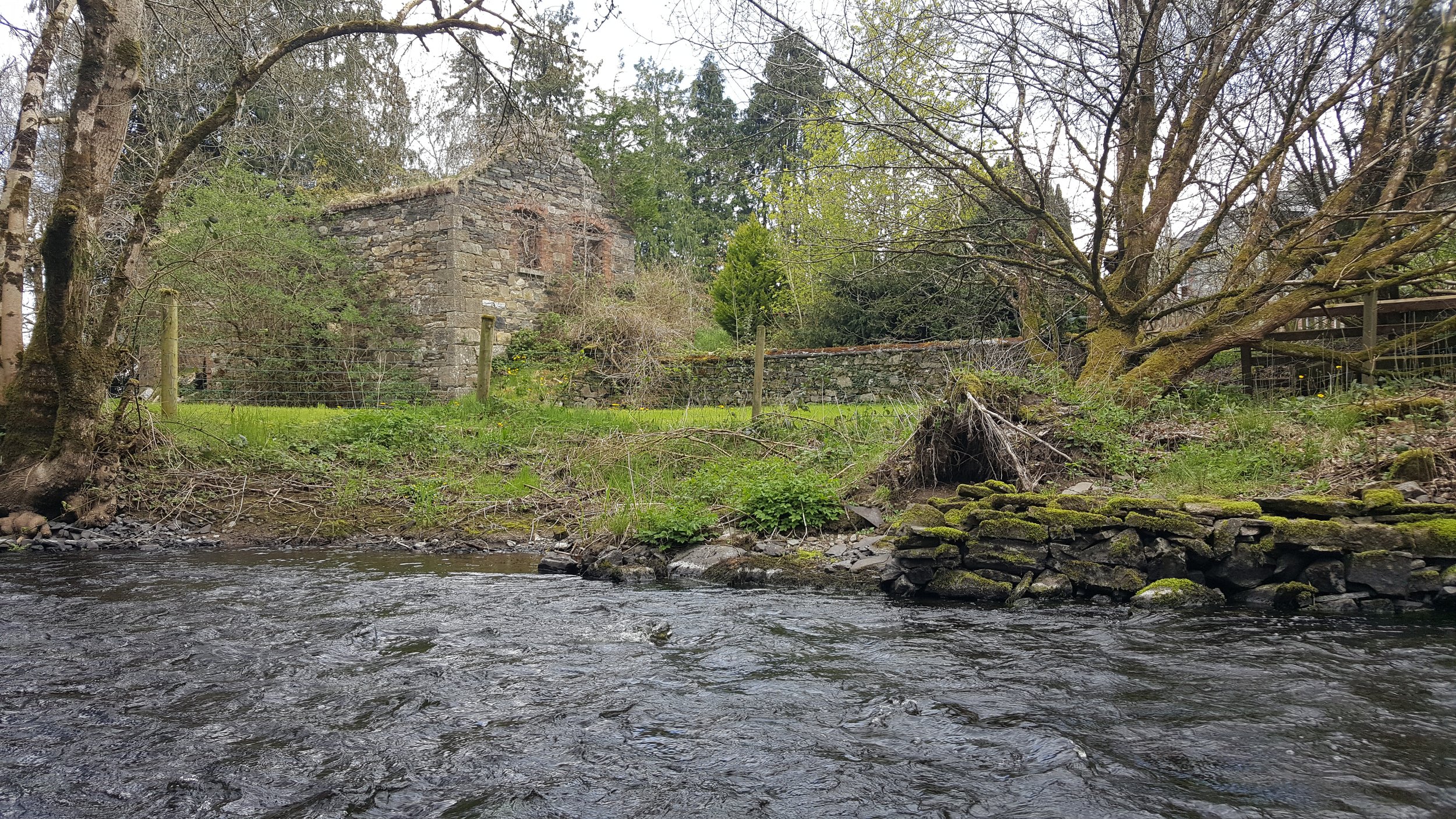 A river flowing in the foreground with moss-covered rocks along the bank. On the opposite side, there is a grassy area with a large tree leaning over the river and an old stone building in the background, surrounded by other trees and a fence.