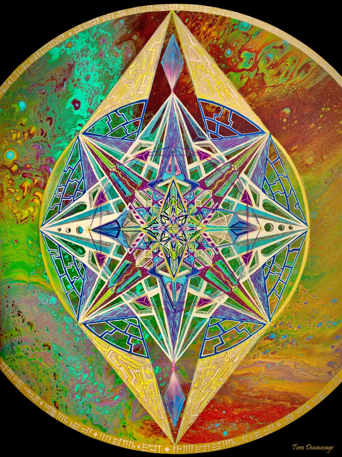 "Atlantean Code" Peinture visionnaire abstraite colorée, fluid art,représentant un mandala de géométrie sacrée, aux formes symétriques et cristalines, réalisée à la peinture acrylique sur toile par l’artiste Tom Dusauvage.