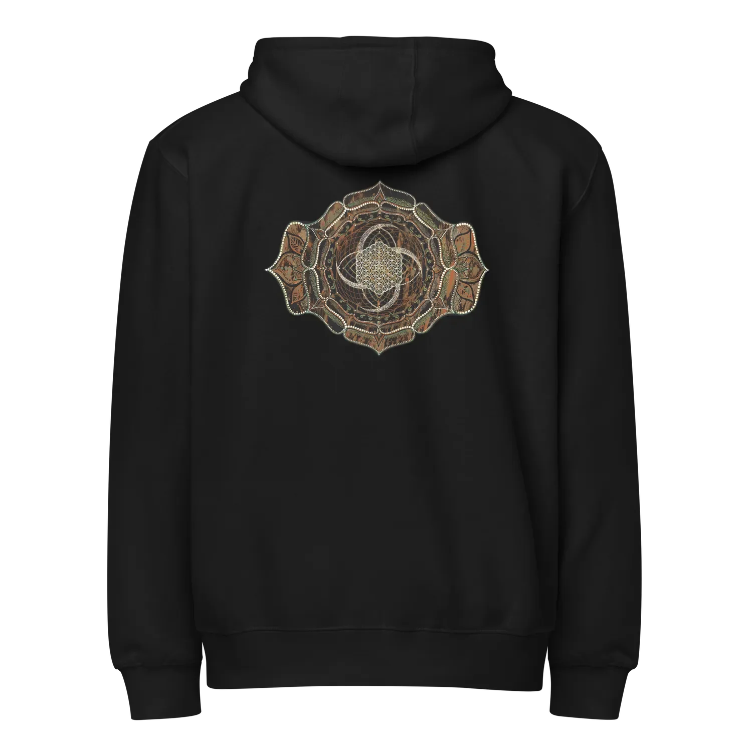 hoodie zip couleur noire imprimé avec un mandala de géométrie sacrée. Element terre Design inspiré de l’art visionnaire et des symboles cosmiques, par Tom Dusauvage.