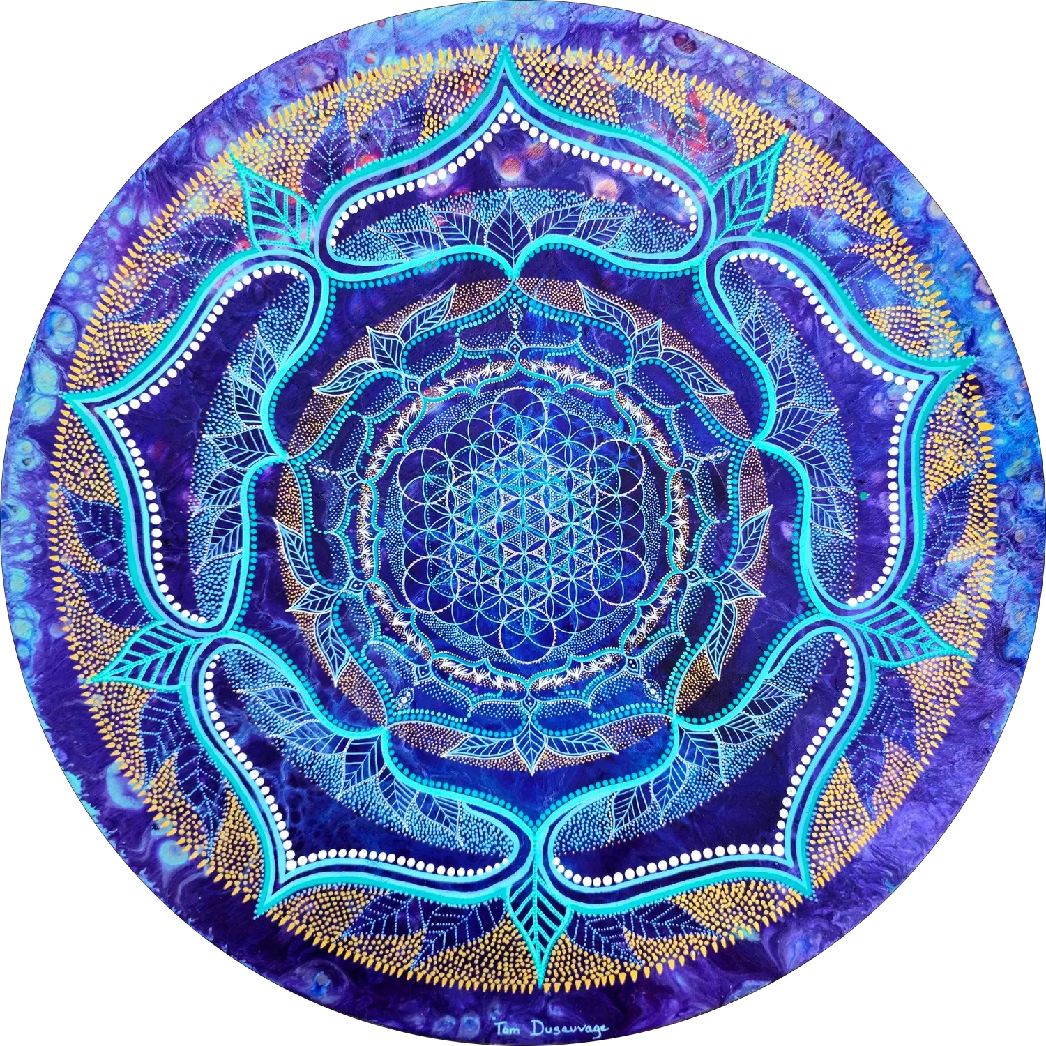 "Transpersona" Peinture visionnaire abstraite représentant un mandala de géométrie sacrée aux formes circulaires, symétriques et organiques, réalisée à la peinture acrylique sur bois par l’artiste Tom Dusauvage.