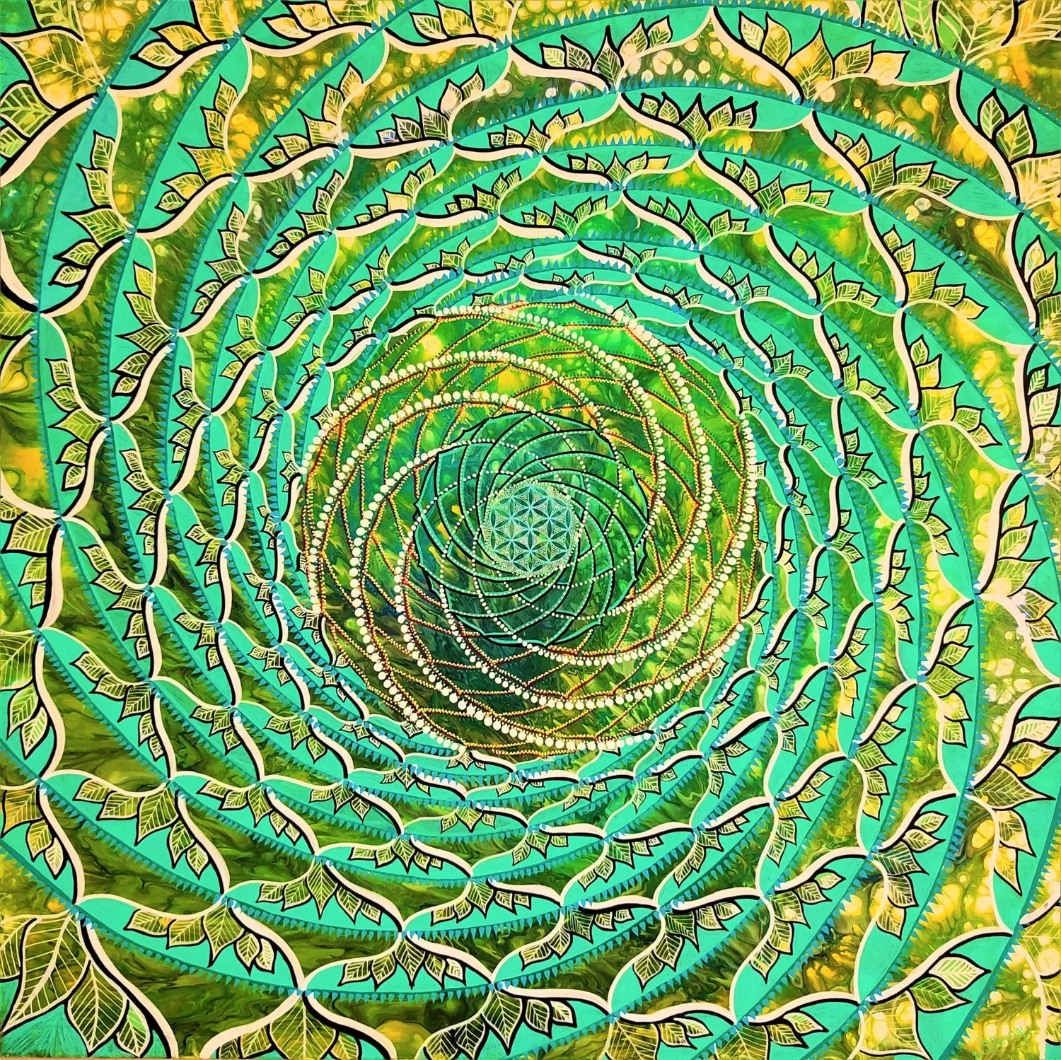 "Seed of Light" Peinture visionnaire abstraite, vert et jaune, représentant un mandala spiralé de géométrie sacrée, nombre d'or, spirale de fibonnacci, formes organiques, fleur de vie, acrylique sur toile par Tom Dusauvage.
