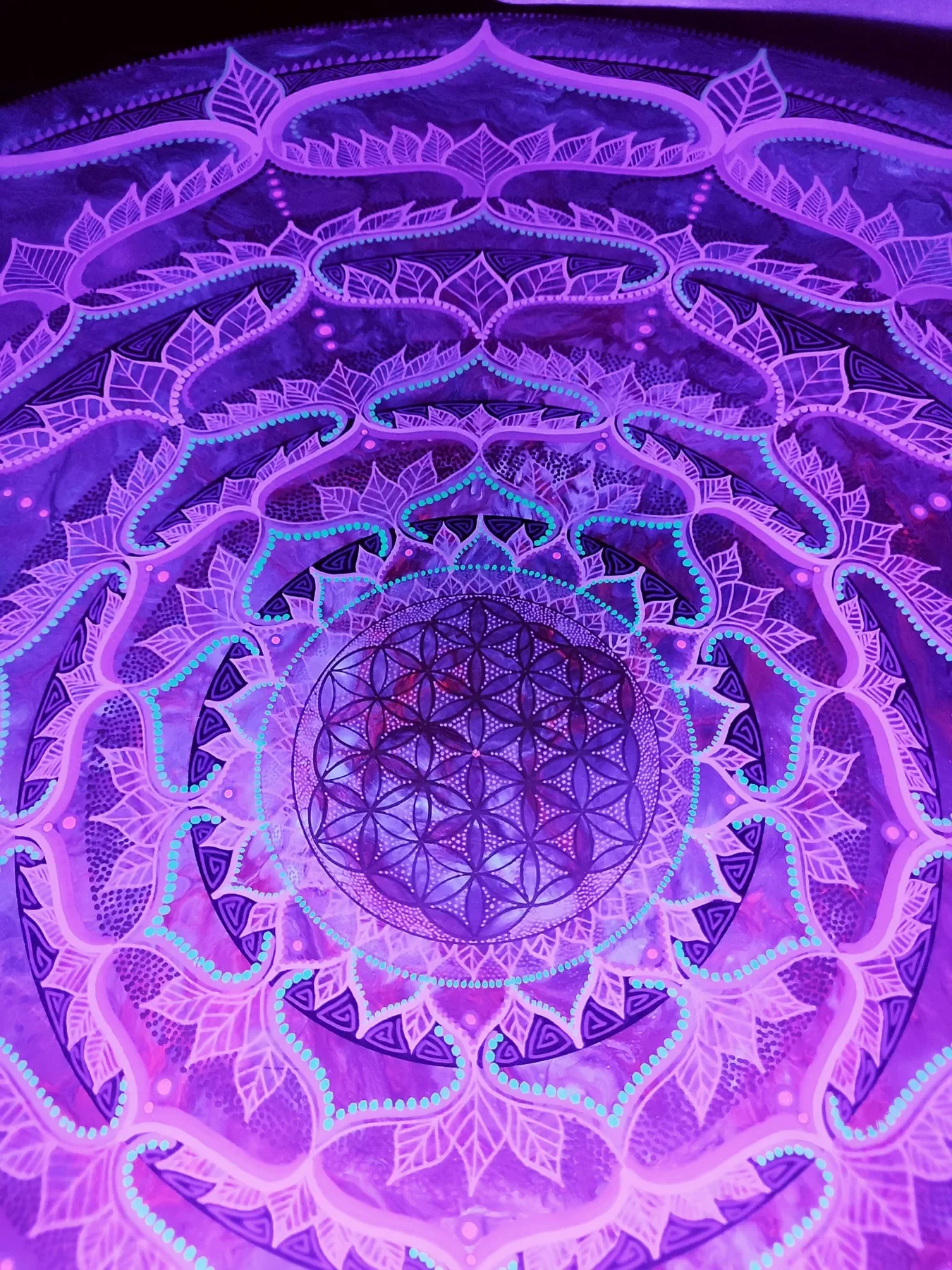 Vue nocturne sous lumière UV de "Alchimystic" Œuvre de géométrie sacrée explorant les structures de la fleur de vie à travers un mandala organique et symétrique, peint par Tom Dusauvage.