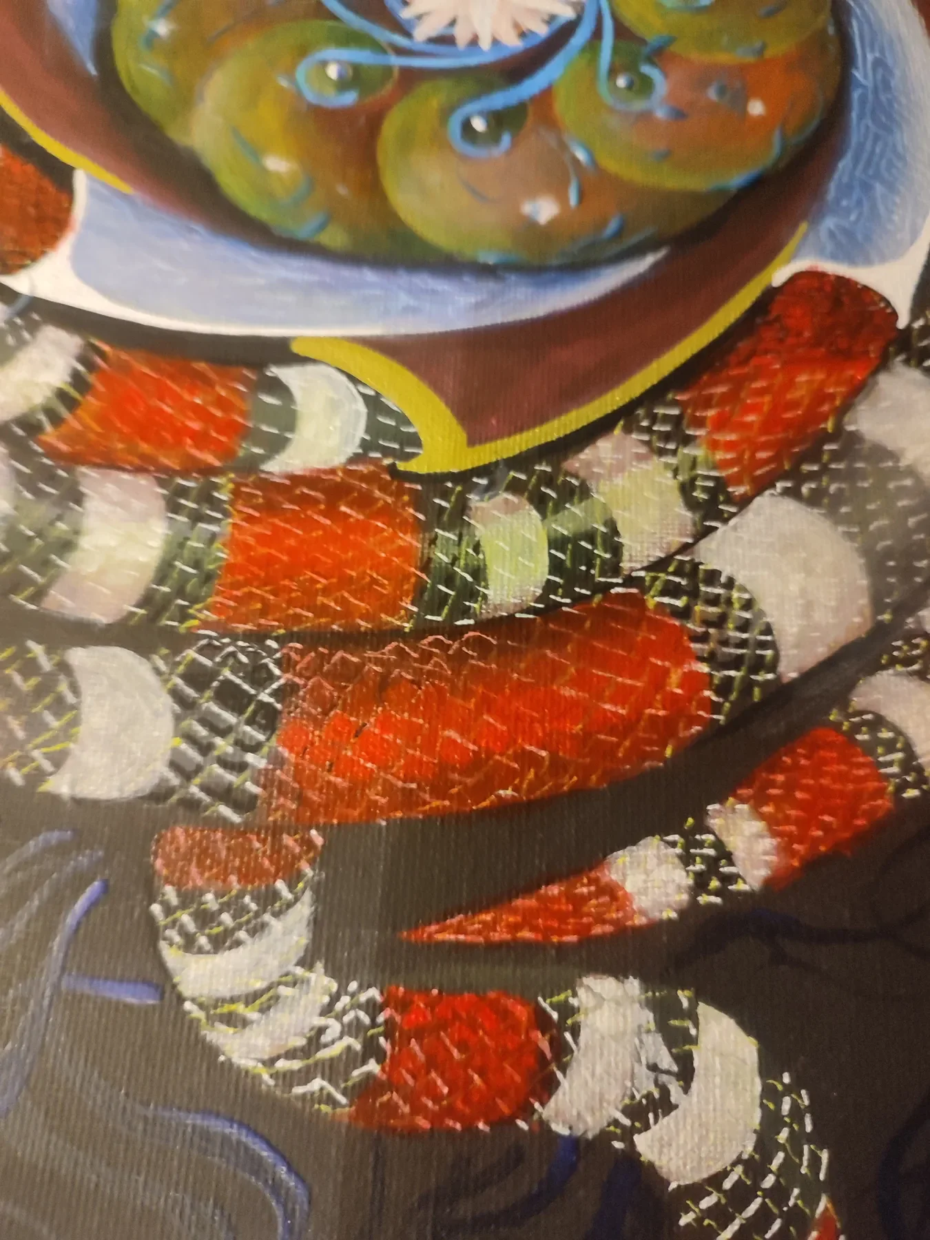 Détail de "Octocoral", oeuvre originale de Tom Dusauvage, artiste visionnaire. Peinture abstraite représentant un motif de type peyotl en spirale au centre, entouré de serpents corails avec des motifs en noir, blanc, rouge, le tout sur un fond bleu v