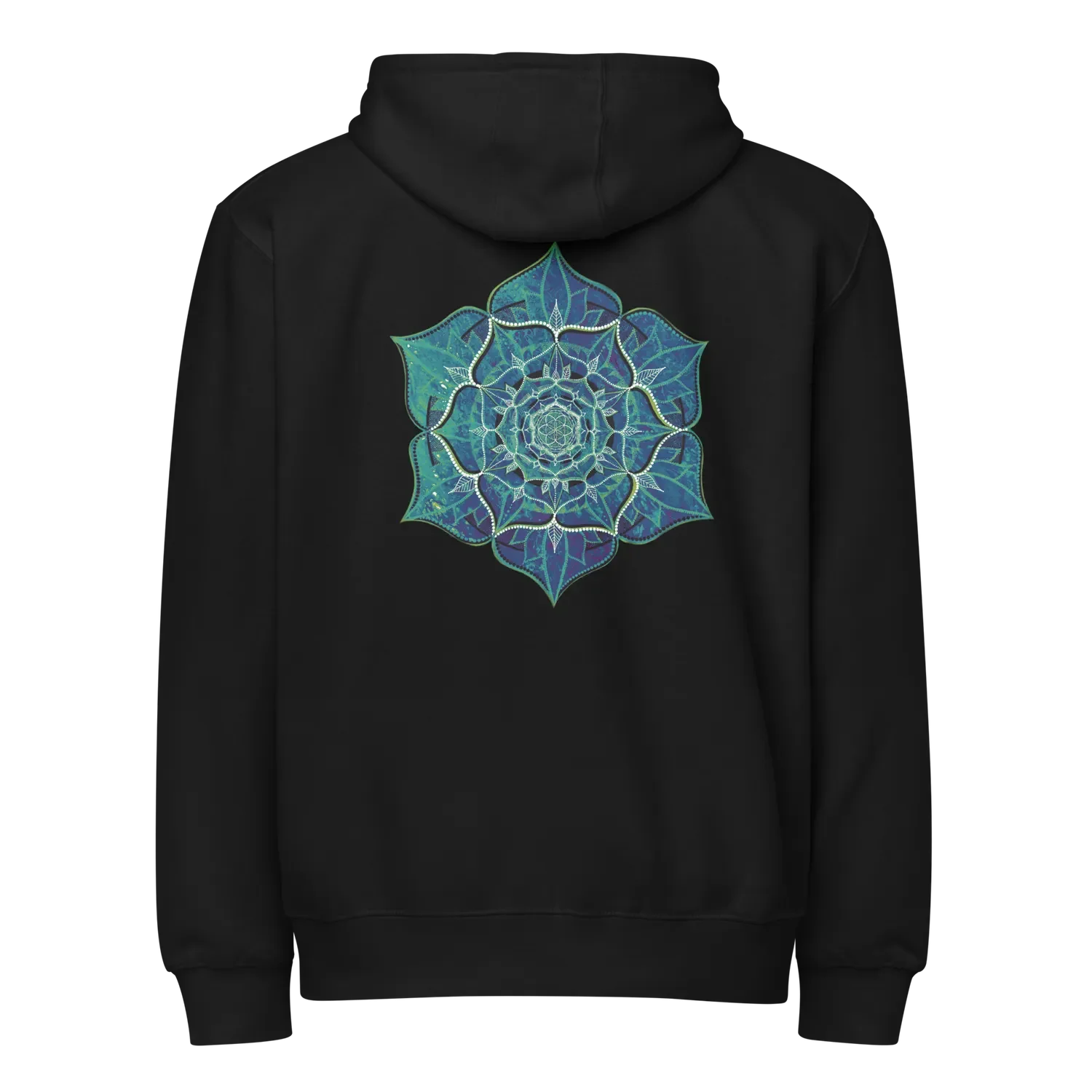 hoodie zip couleur noir imprimé avec un mandala de géométrie sacrée. Element eau. Design inspiré de l’art visionnaire et des symboles cosmiques, par Tom Dusauvage.