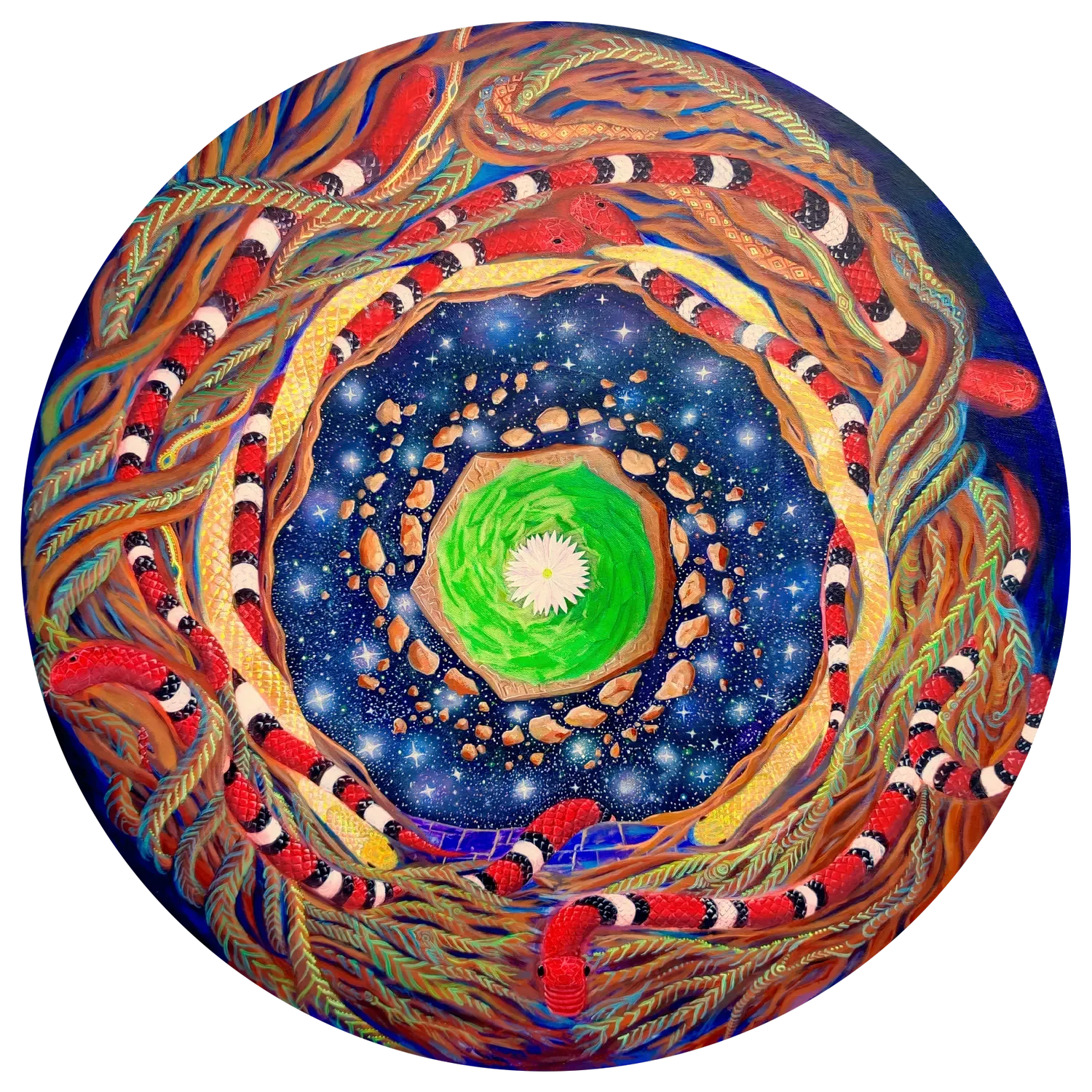 "Aurea noctis" Peinture visionnaire abstraite représentant un mandala spiralé de serpents et lianes, et cactus cosmique aux formes organiques, réalisée à la peinture acrylique sur toile par l’artiste Tom Dusauvage.