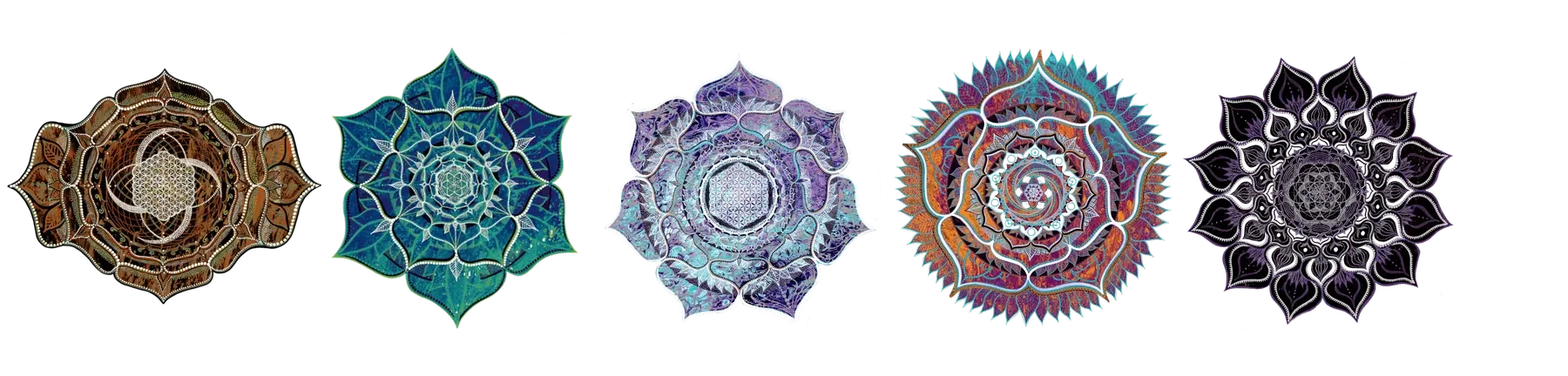 Design Textile artistique de la collection "Elements" de Tom Dusauvage, représentant les 5 elements : terre, eau, air, feu, ether exprimés en six mandalas colorés alignés horizontalement sur un fond noir.