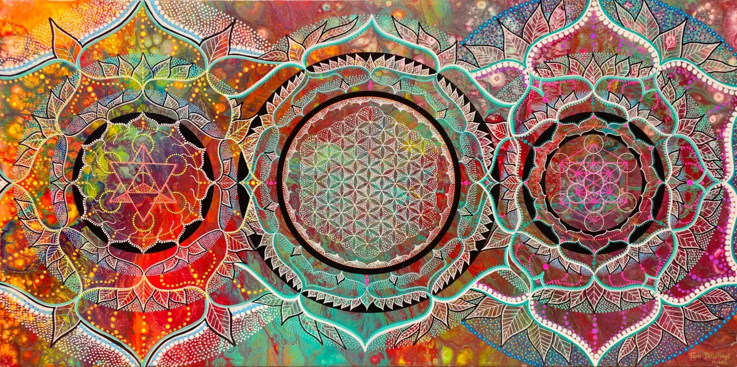 "Evolution" Art visionnaire abstraite colorée représentant un mandala de géométrie sacrée, fleur de vie, merkaba, aux formes circulaires, entrelacées, symétriques et organiques, peinture acrylique sur toile par Tom Dusauvage.
