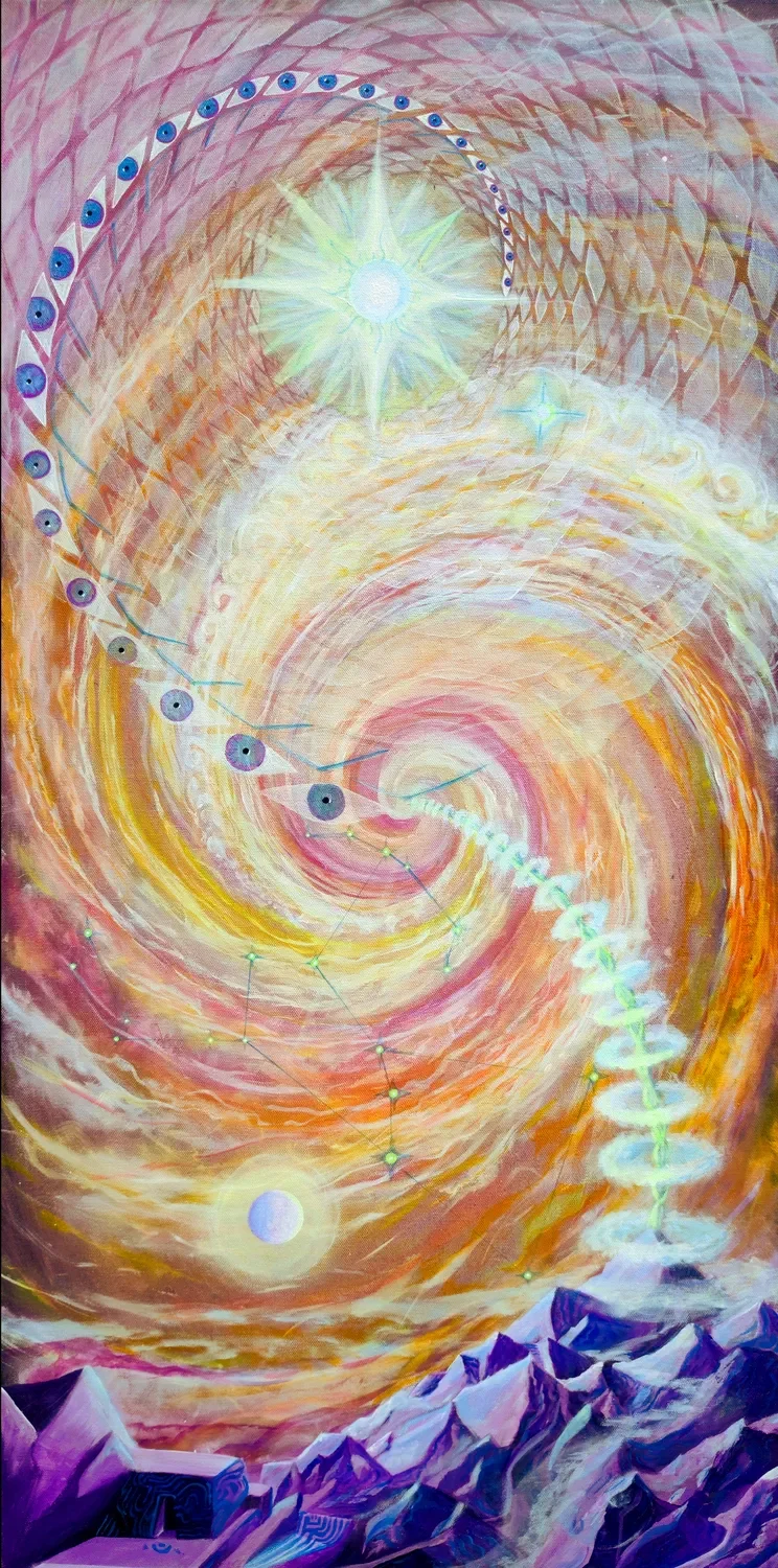 "Exoplanet" Œuvre abstraite visionnaire construite autour d’un mandala en galaxie spiralé explorant des paysages montagneux oniriques, et des constellations. Acrylique sur toile par Tom Dusauvage.