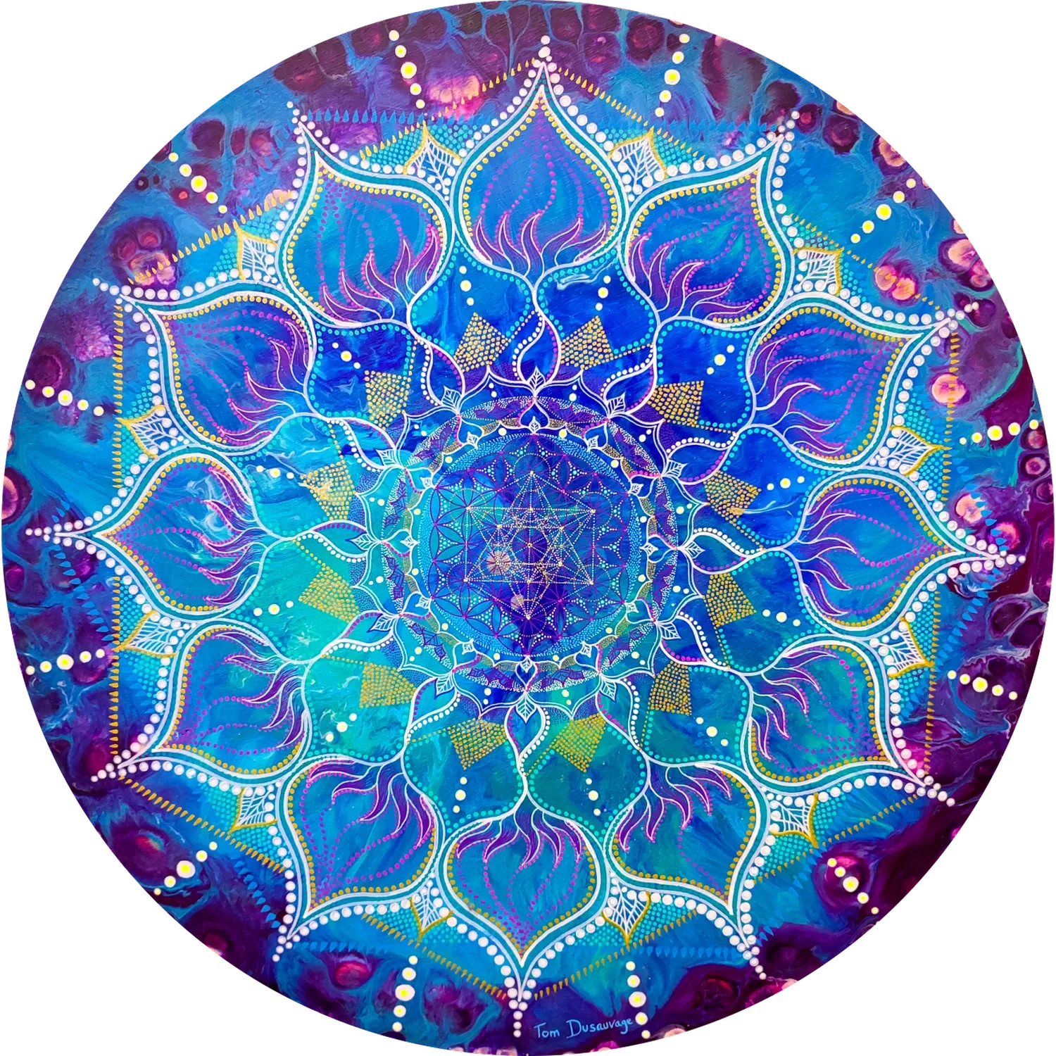 "Liquid Sun" Peinture mandala de géométrie sacrée, aux formes symétriques et fluides, évoquant les structures cosmiques de la fleur de vie et du cube de Metatron, réalisée par Tom Dusauvage