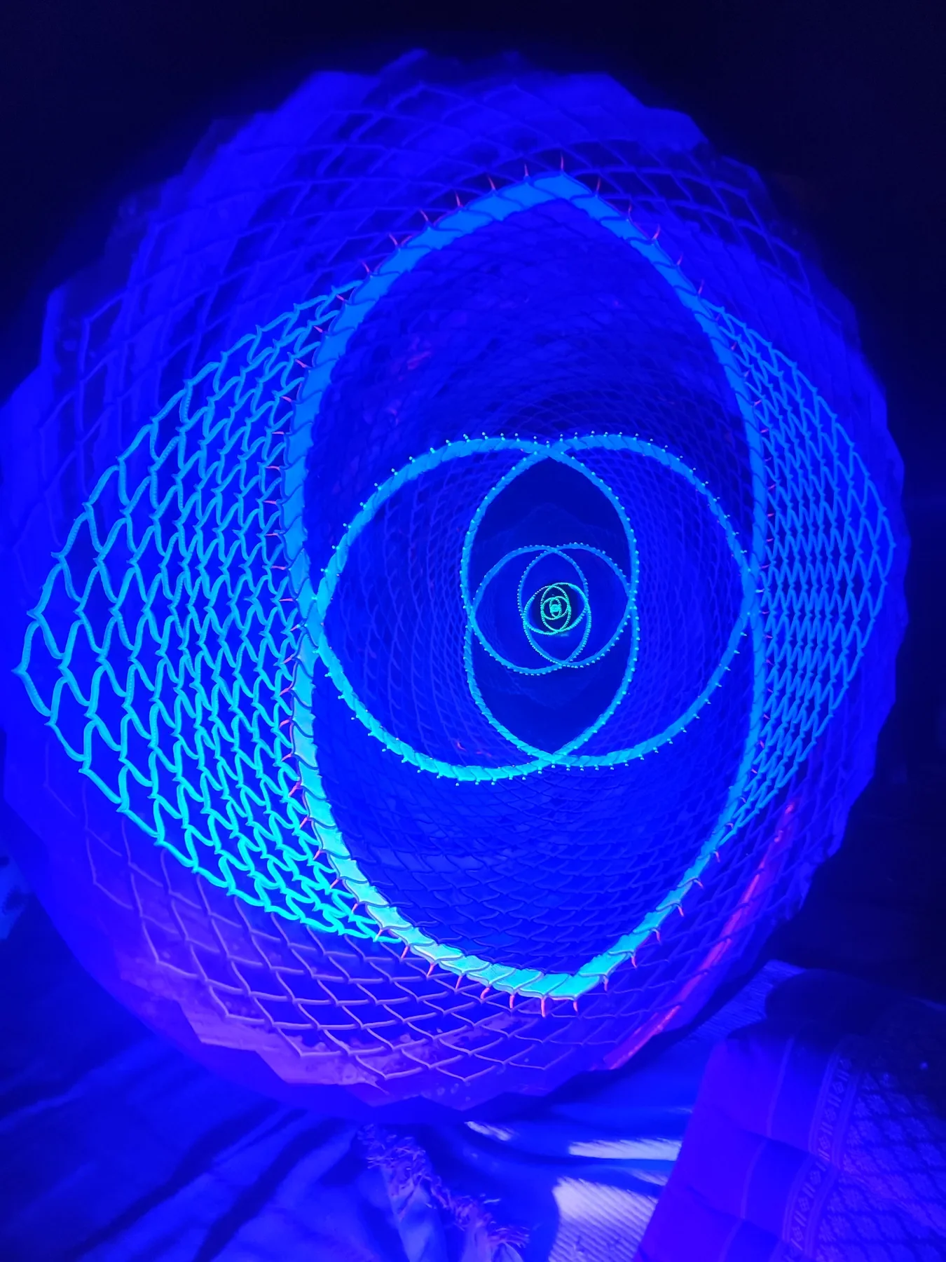 Vue nocturne UV de "Quintessence" peinture originale de Tom Dusauvage, art visionnaire et géométrie sacrée, composition colorée et abstraite représentant une trame fractale fluorescente