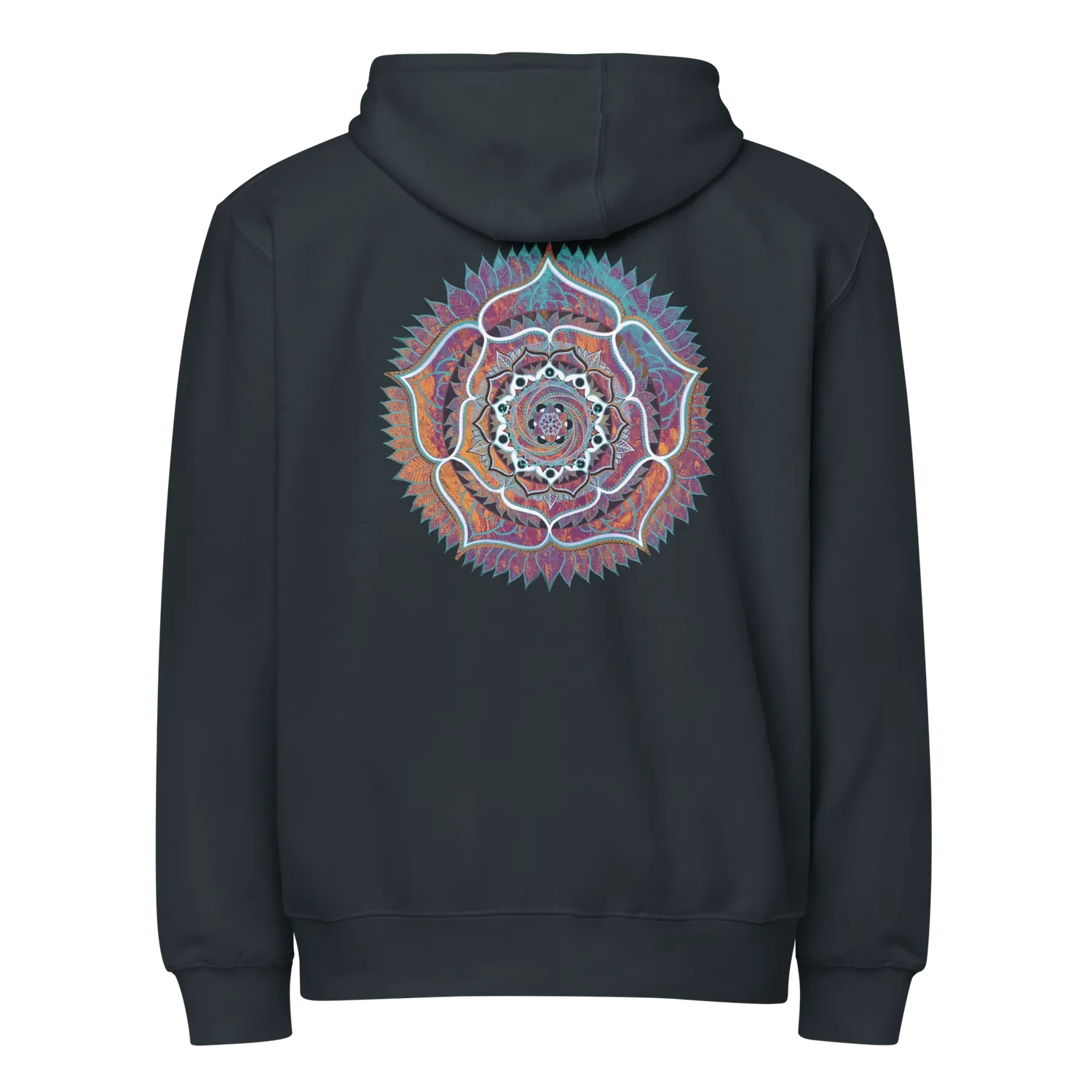 hoodie zip couleur navy blue imprimé avec un mandala de géométrie sacrée. Element feu. Design inspiré de l’art visionnaire et des symboles cosmiques, par Tom Dusauvage.
