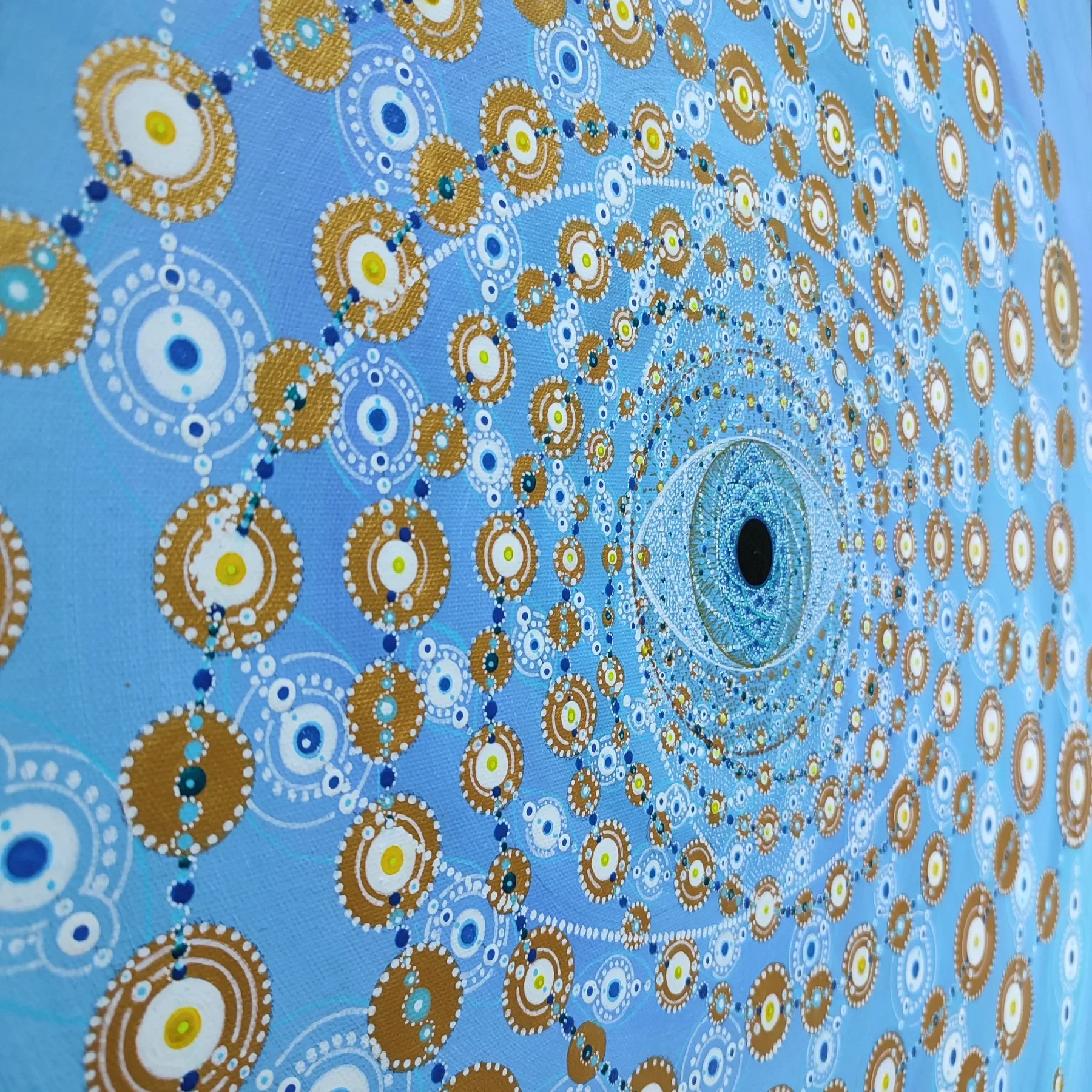 Détails de "Origine" Peinture visionnaire abstraite représentant un mandala spiralé de géométrie sacrée, nombre d'or, spirale de fibonnacci autour d'un oeil central, acrylique sur toile de Tom Dusauvage.