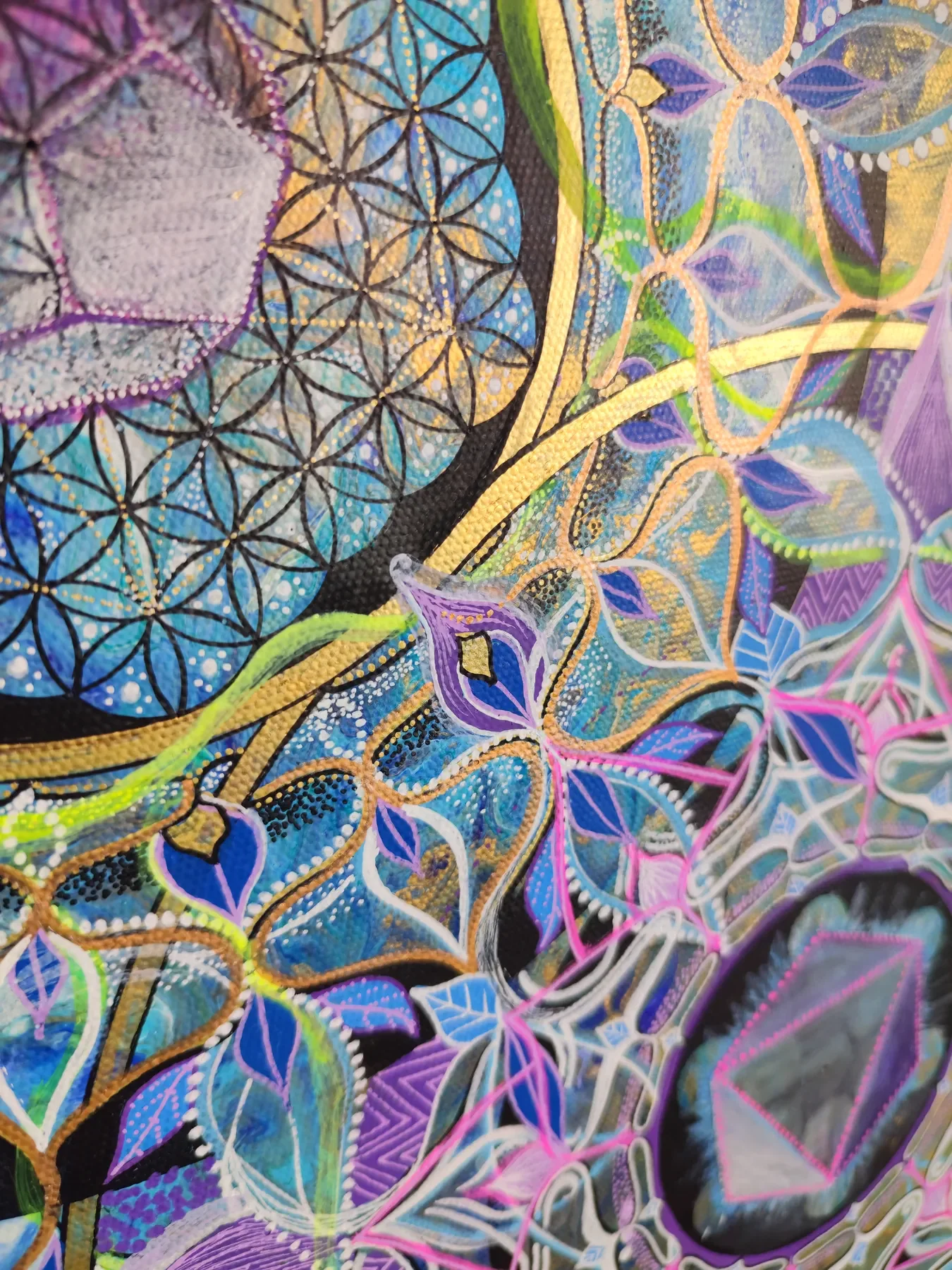 Détail de "5 elements" : Peinture visionnaire abstraite représentant l'élément Air et Ether en solide de platon, formes organiques intriquées réalisée à la peinture acrylique sur toile par l’artiste visionnaire Tom Dusauvage.