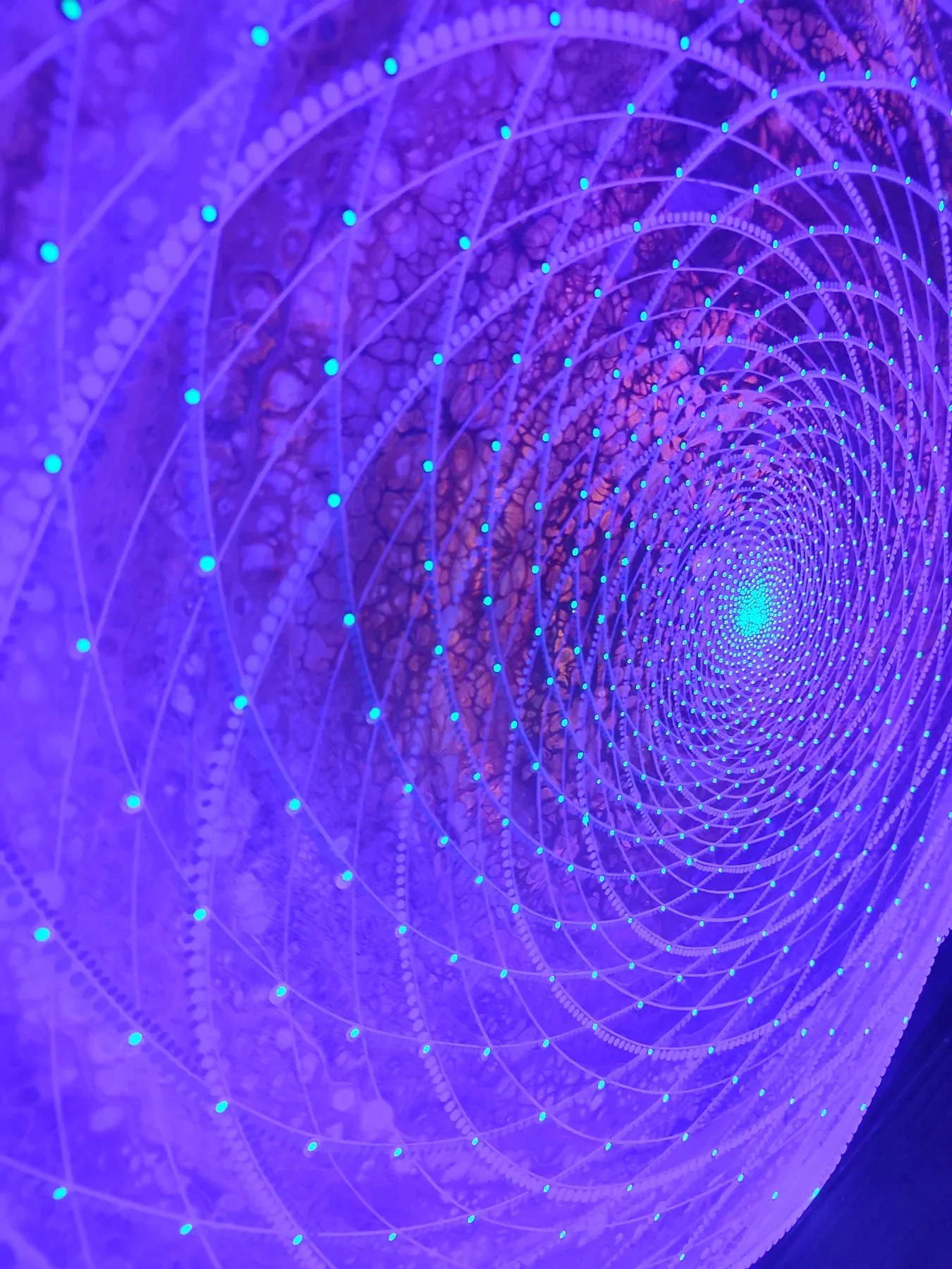 Détail sous UV de "Galactis" par Tom Dusauvage. Un vortex fluorescent formant des motifs spiralés avec un effet hypnotique 