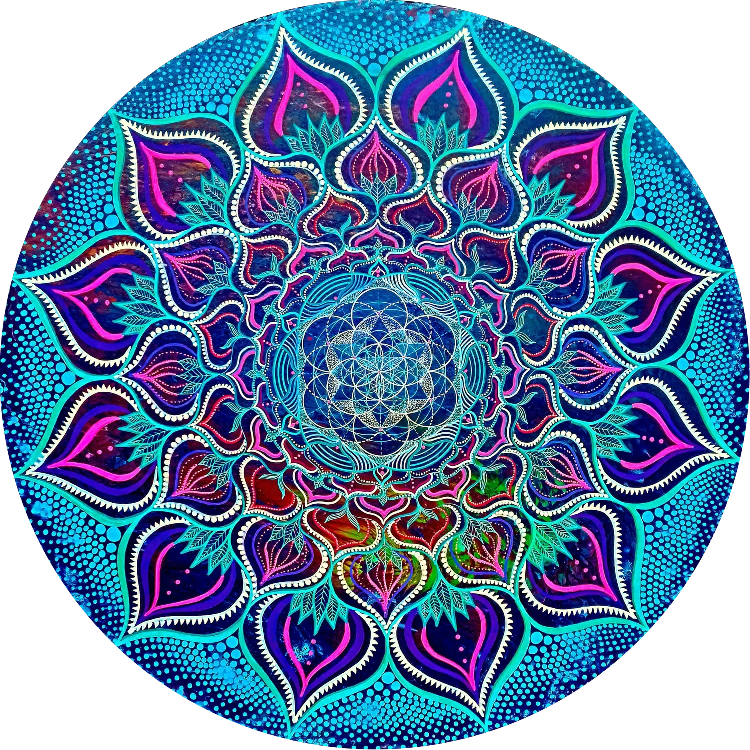 "psychedelight" : Peinture mandala en géométrie sacrée aux structures concentriques et organiques, inspirée de la fleur de vie, réalisée sur bois par Tom Dusauvage.