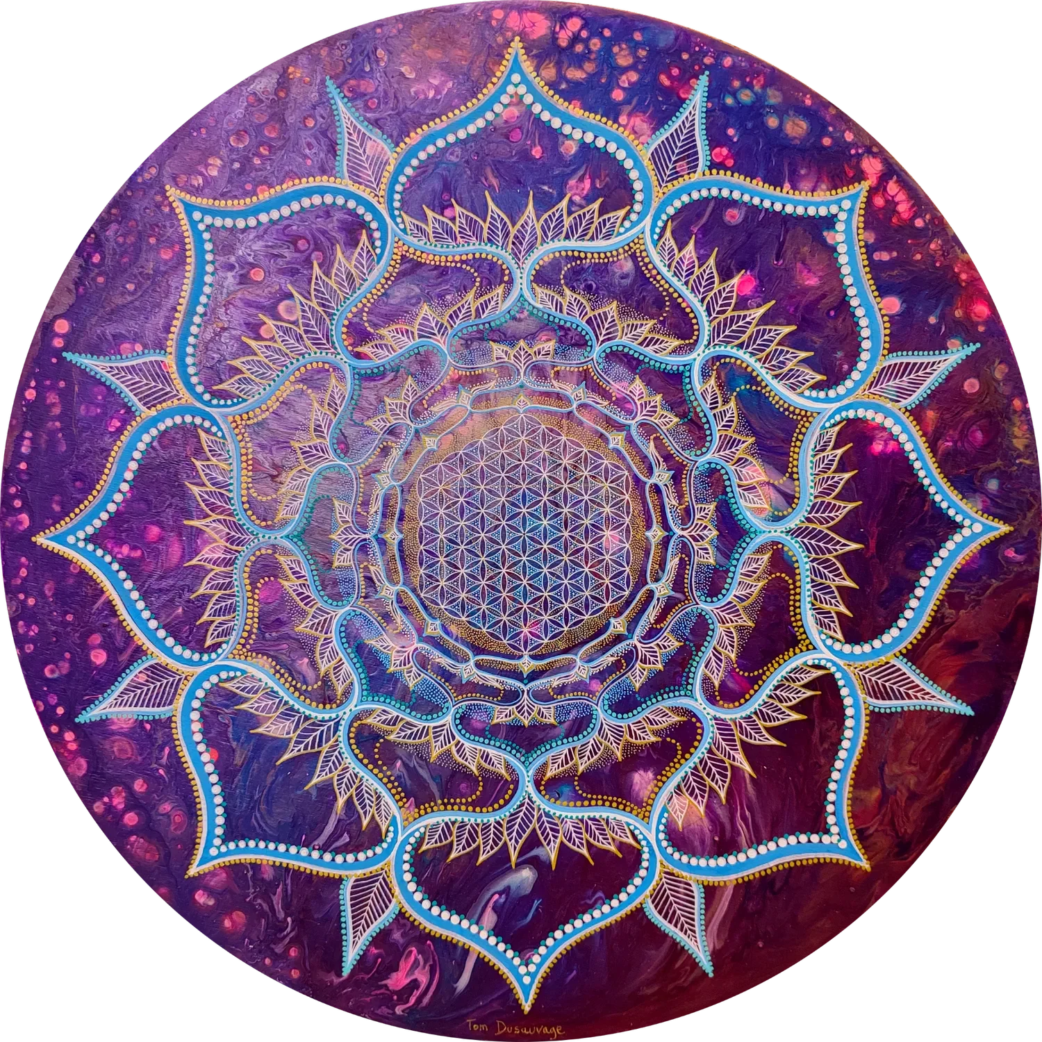 "Atmospheric" Composition visionnaire abstraite autour d’un mandala sacré, associant géométrie sacrée, cercles concentriques et motifs organiques, peinte à l’acrylique par Tom Dusauvage.