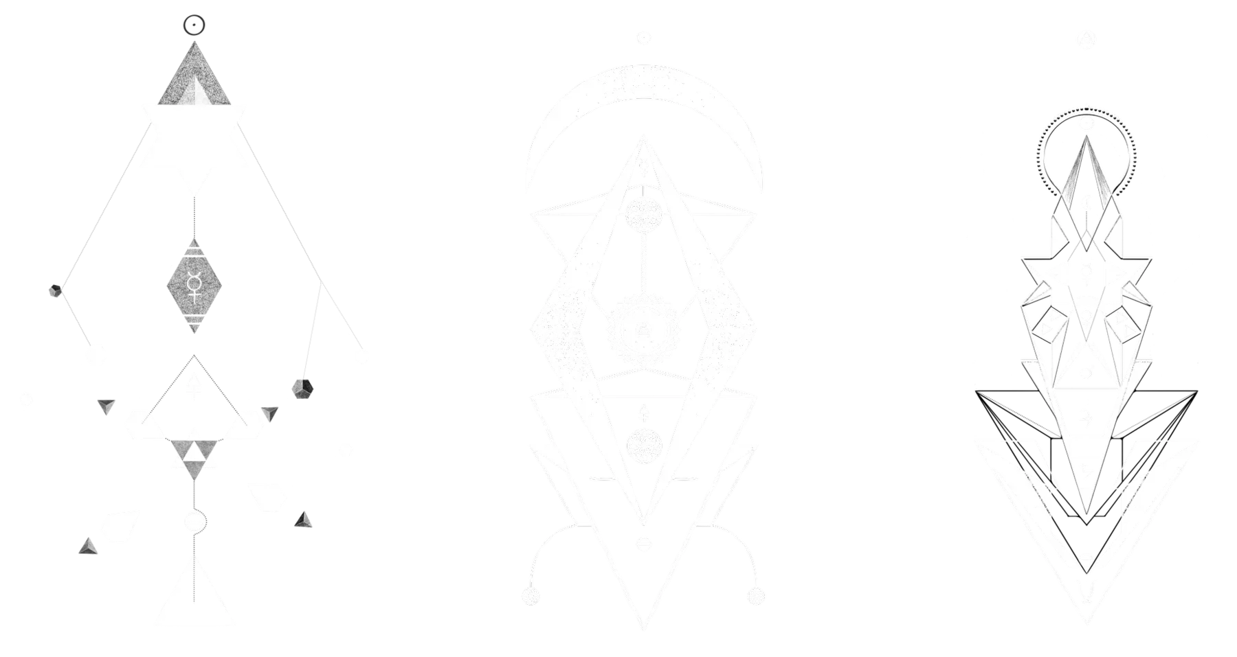 Trois designs de la collection "Signes" appelés "solution / transmutation / fixation" Textile artistique de Tom Dusauvage, motifs de géométrie sacrée et alchimique, design symbolique pour vêtement conscient.