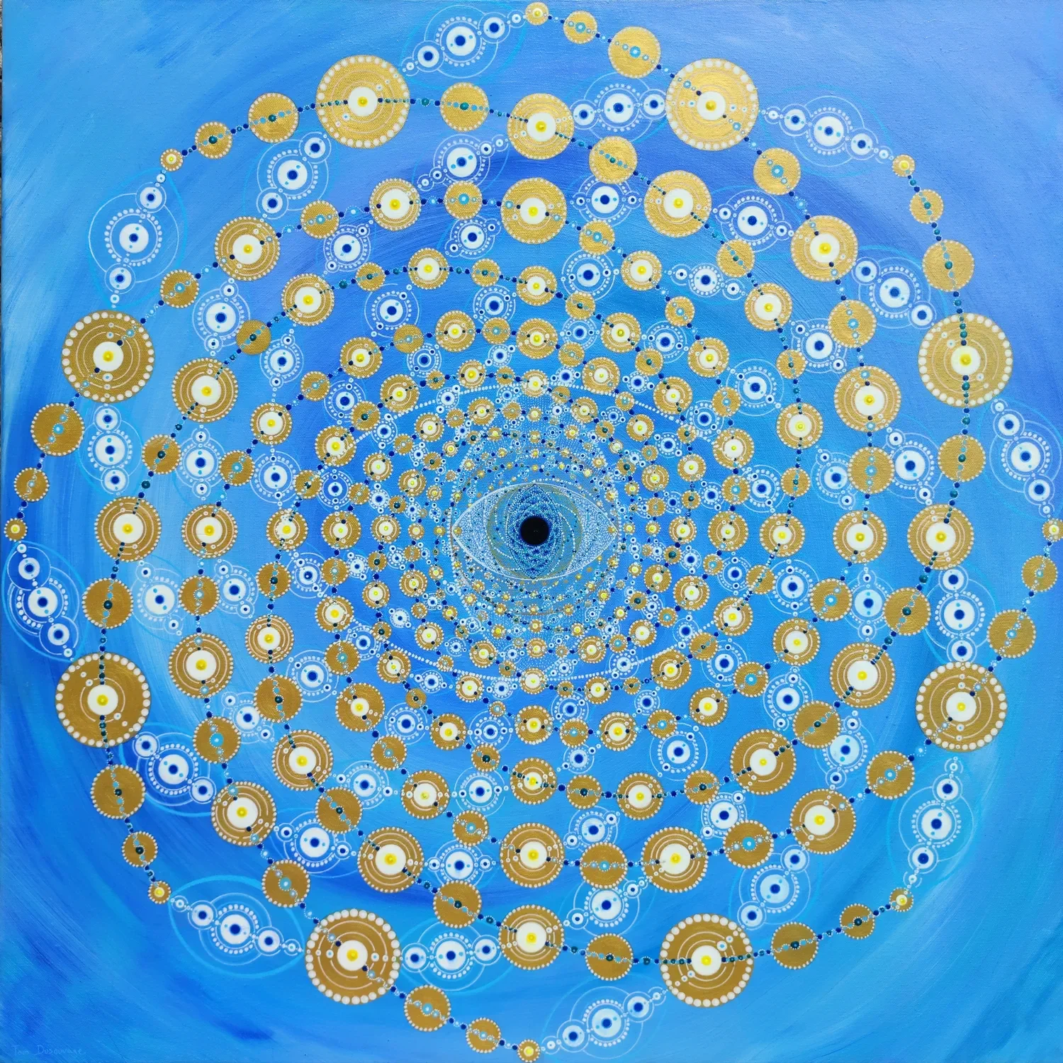 "Origine" Peinture visionnaire abstraite représentant un mandala spiralé de géométrie sacrée, nombre d'or, spirale de fibonnacci, formes circulaires, symétriques et oeil central, acrylique sur toile de Tom Dusauvage.