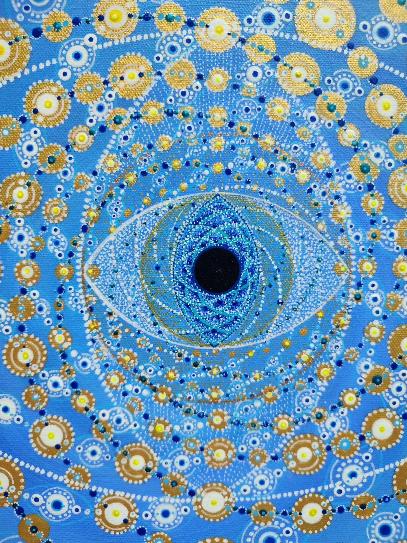 Détails de "Origine" Peinture visionnaire abstraite représentant un mandala spiralé évoluant autour d'un oeil central, spirale de fibonnacci acrylique sur toile de Tom Dusauvage.