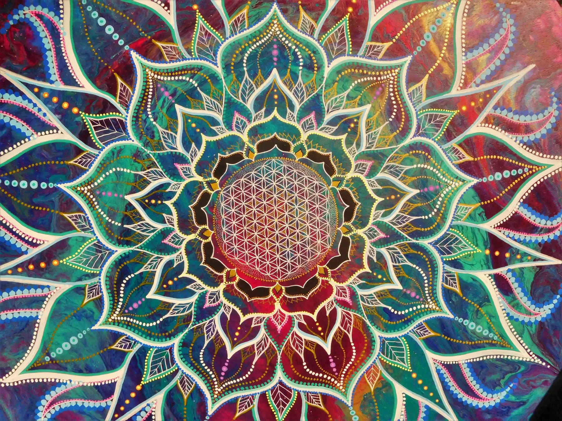 Détails de "Compassion" : oeuvre abstraite visionnaire de géométrie sacrée par Tom Dusauvage. Formes organiques en expansion autour d'une fleur de vie dorée.