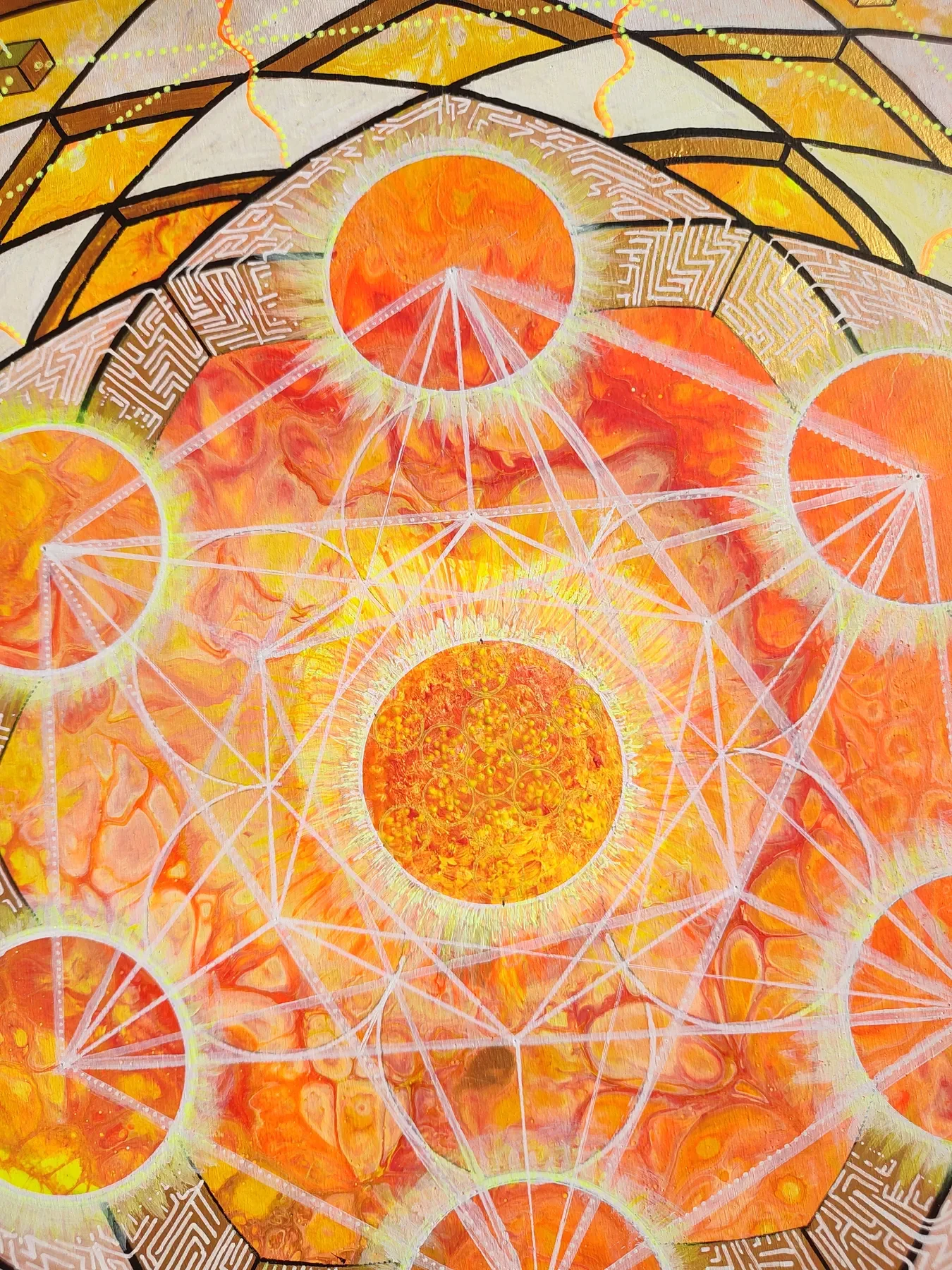 Détails de "Seven suns" Peinture acrylique originale de Tom Dusauvage, art visionnaire inspiré de la géométrie sacrée, avec des soleils disposés en cube de métatron et des rayons lumineux