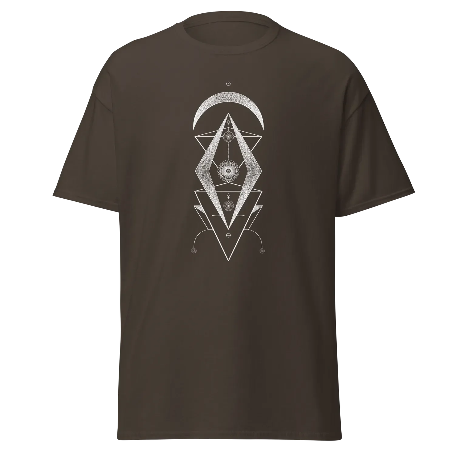   T-shirt couleur chocolat Signe alchimique"fixation", mêlant symbolisme, nombres et formes archétypales, par Tom Dusauvage.