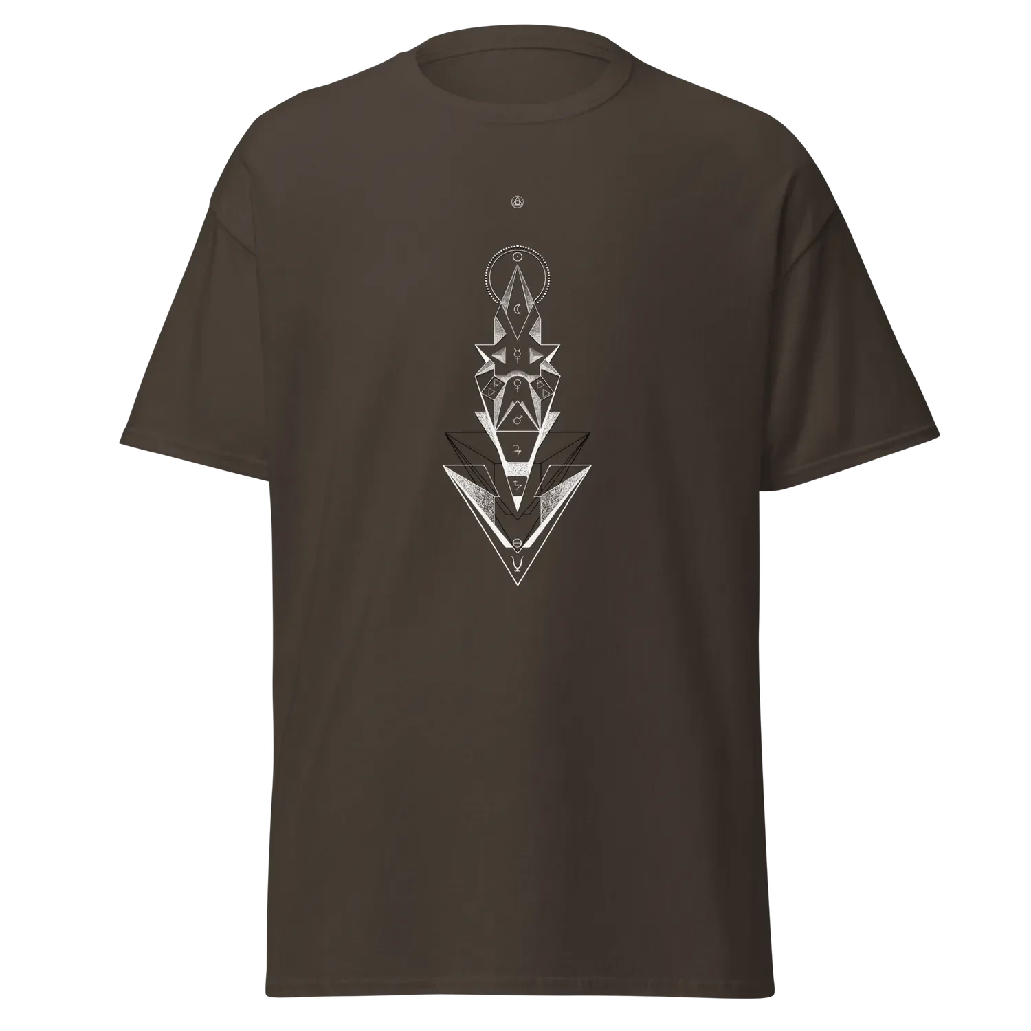   T-shirt couleur chocolat Signe alchimique"transmutation", mêlant symbolisme, nombres et formes archétypales, par Tom Dusauvage.