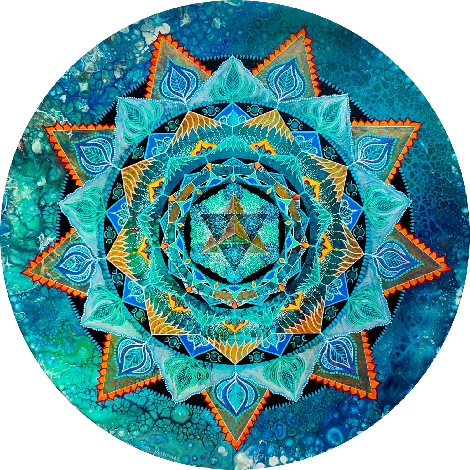 "Heal" Mandala contemporain en géométrie sacrée, inspiré des formes archétypales de la fleur de vie et de la merkaba, peint sur bois par l’artiste Tom Dusauvage.